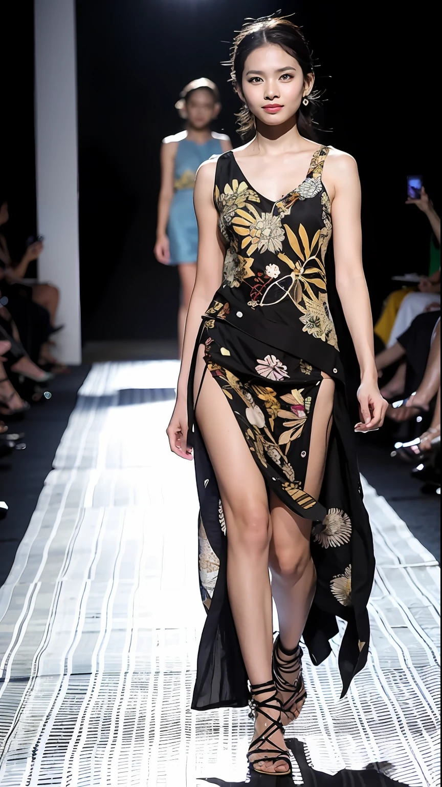 Gorgeous model strutting the runway at a fashion show, wearing breathtaking summer outfits with intricate batik pattern details. The outdoor view near the beach highlights every smallest detail, making the catwalk come alive.