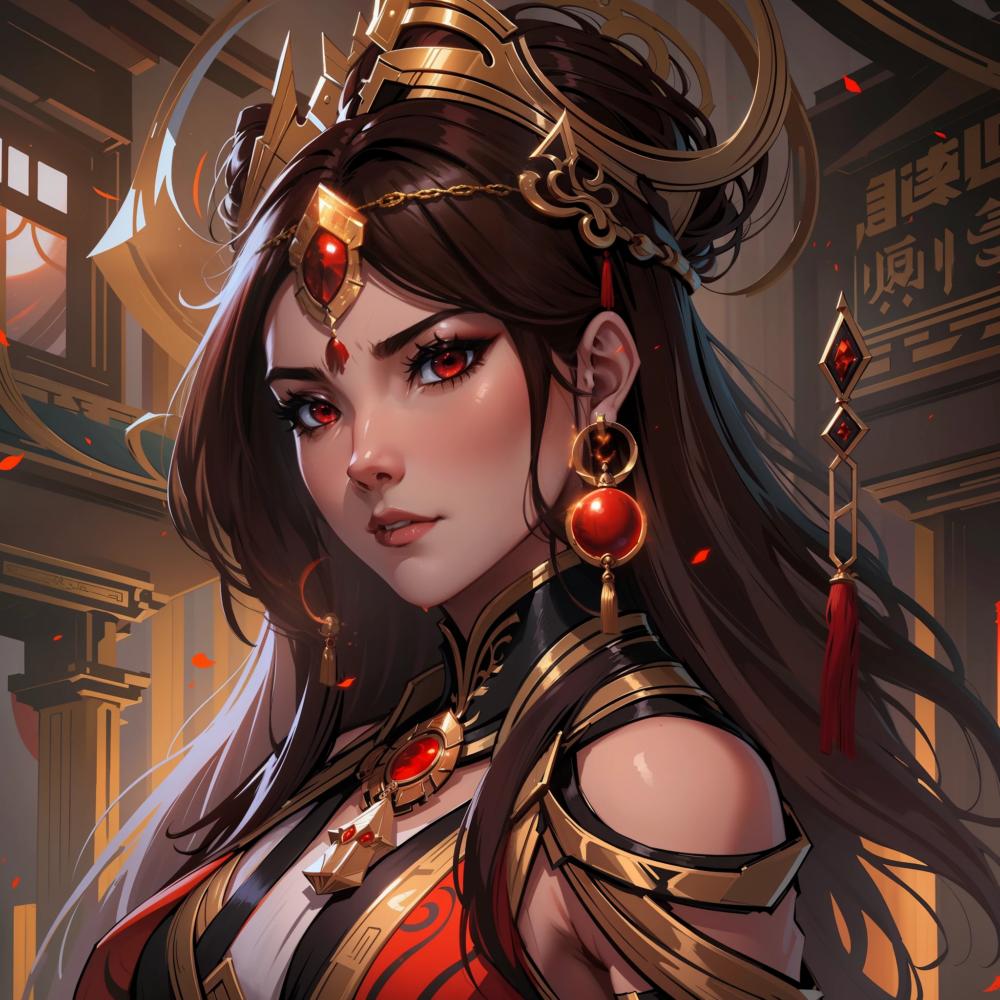 a close up of a strong amazon woman in her 30's, with red eyes and brown hair, wearing a black and red belly dancer attire, surrounded by giant orbs made of slime, a heroine with red eyes, female mage with sun power, middle-eastern princess, standing in a middle-eastern temple, new costume concept design, in the style of blade and soul, full body character concept, detailed character design, inspired by Yang Jin, inspired by Li Mei-Shu, chinese costume, inspired by Lan Ying, inspired by Sim Sa-Jeong, inspired by Li Tang, lunar themed attire, costume with orange accents, inspired by Ju Lian, colored concept art, highly detailed character design, highly detailed face, inspired by Ai Xuan, very highly detailed face, unreal engine render, final fantasy 14 style, inspired by Leng Mei