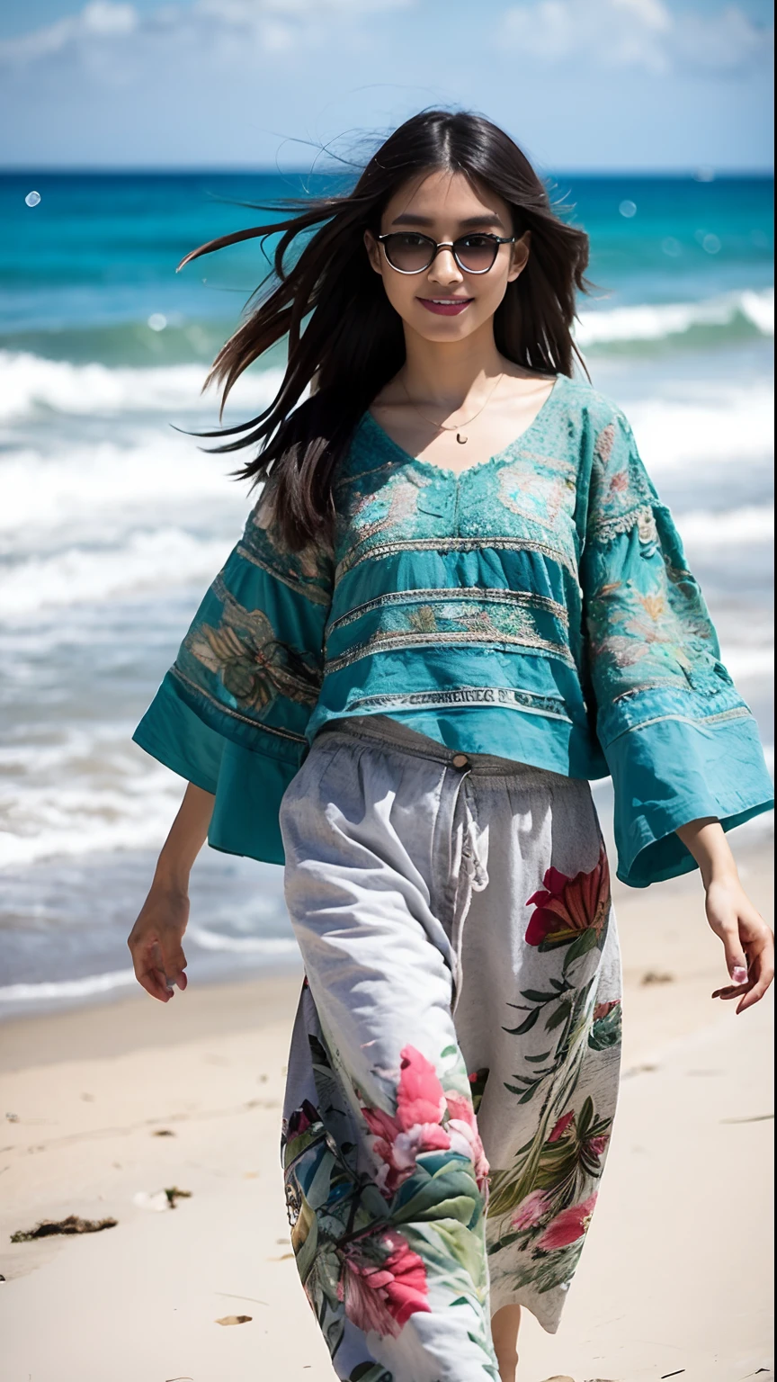 Modelo lindo na passarela em um desfile de moda, wearing breathtaking summer clothes with intricate details of the batik print. A vista ao ar livre perto da praia destaca cada pequeno detalhe, Fazendo a passarela ganhar vida.