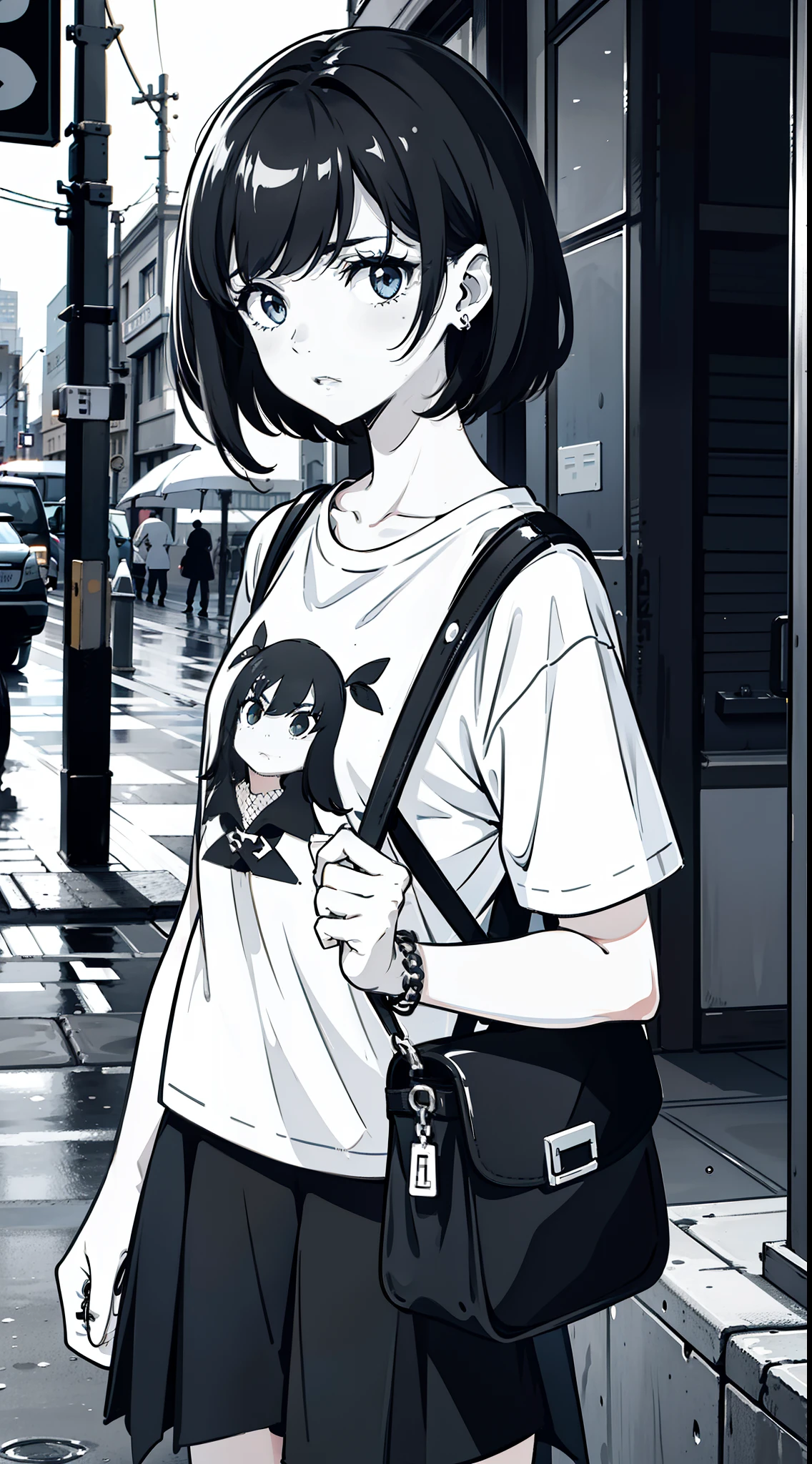 girl, side portrait, black and white, messy short hair, edgy accessories,sporty style, casual t-shirt, confident gaze, monochrome color scheme, looking to the side, chic street fashion,((a person)),Luxurious long hair,Rainy weather,water droplets falling,Crossbody bag