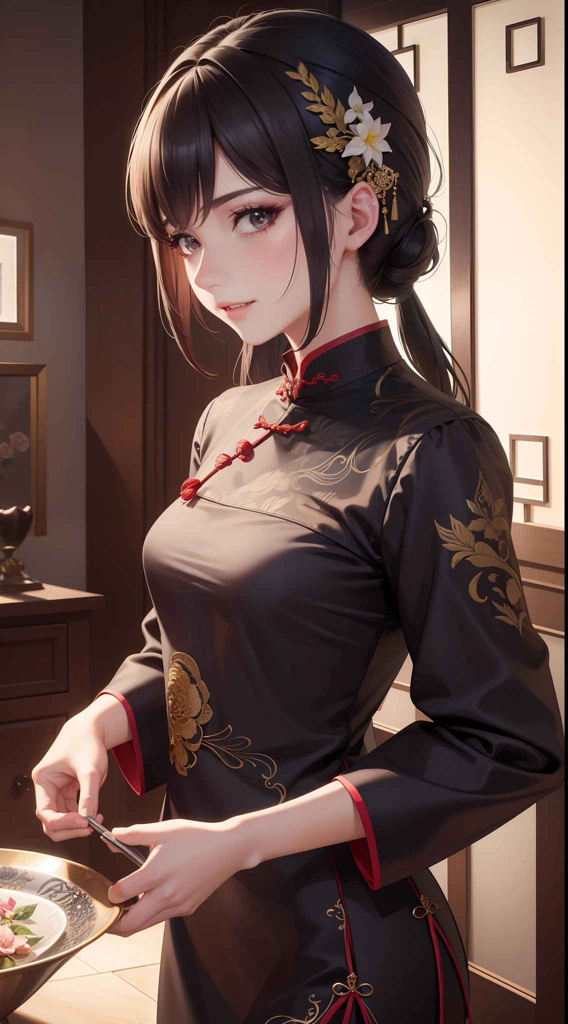 (tmasterpiece,Best quality at best,Beautiful quality,looking at viewert,Detailed lighting,Extremely detailed skin,Extremely detailed hair,Extremely detailed teeth,shadowing,8K:1.2),(photograph of a woman,1girll:1.2),cheongsam:0.8