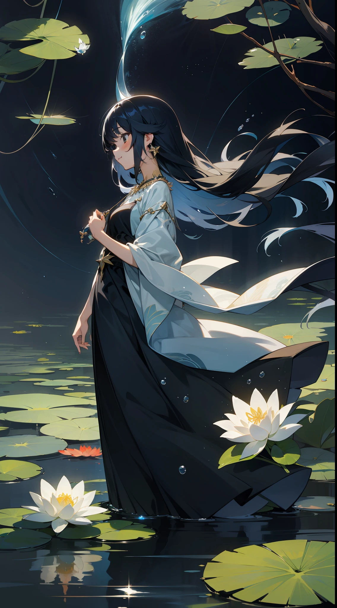 cantata, 1girl in, Cute, Water, Smile, Asian, Face seen from the side, Fish, Orion, flowingwater, Lily, Black hair , Floating hair, Long hair, Beautiful long dresses, Skindentation,Gray eyes, Beautifully gorgeous necklace, Strapless ,