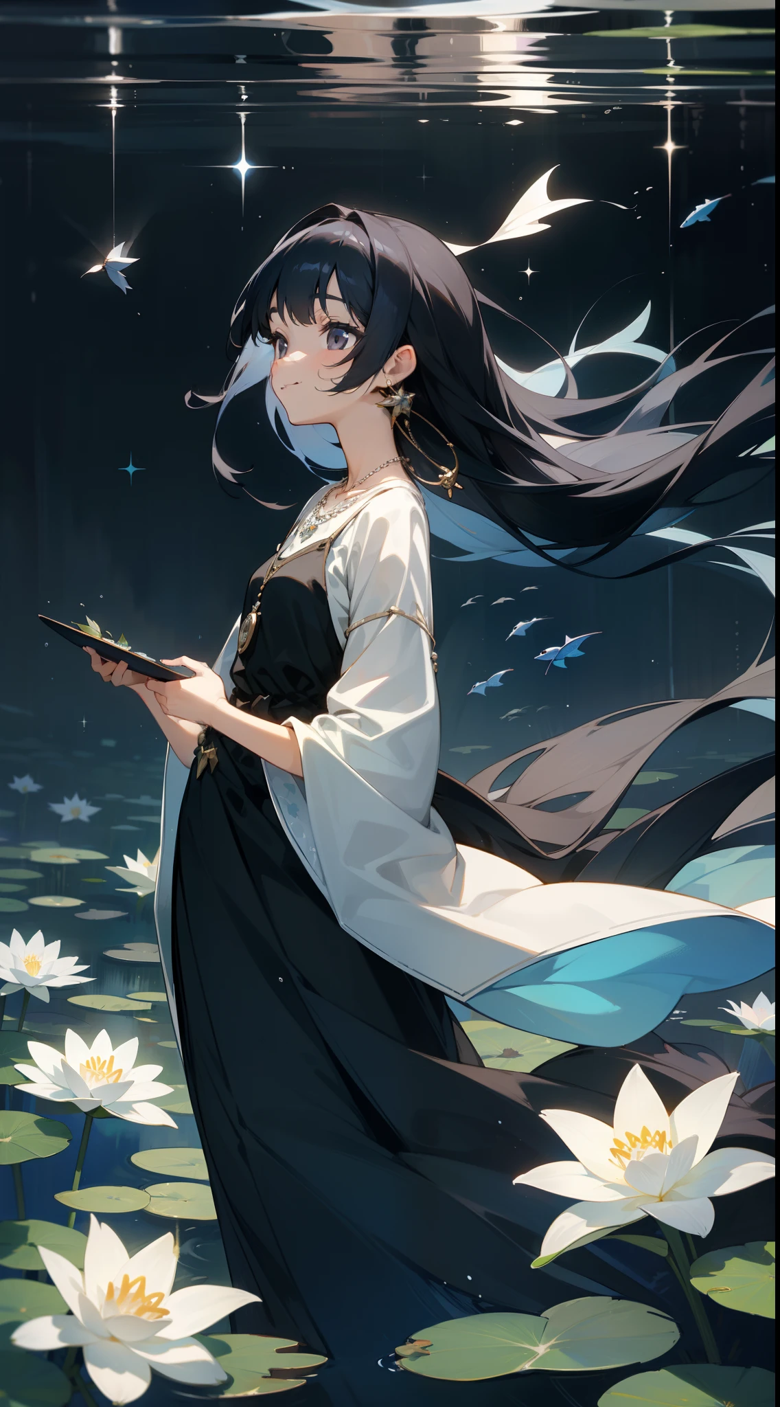 cantata, 1girl in, Cute, Water, Smile, Asian, Face seen from the side, Fish, Orion, flowingwater, Lily, Black hair , Floating hair, Long hair, Beautiful long dresses, Skindentation,Gray eyes, Beautifully gorgeous necklace, Strapless ,