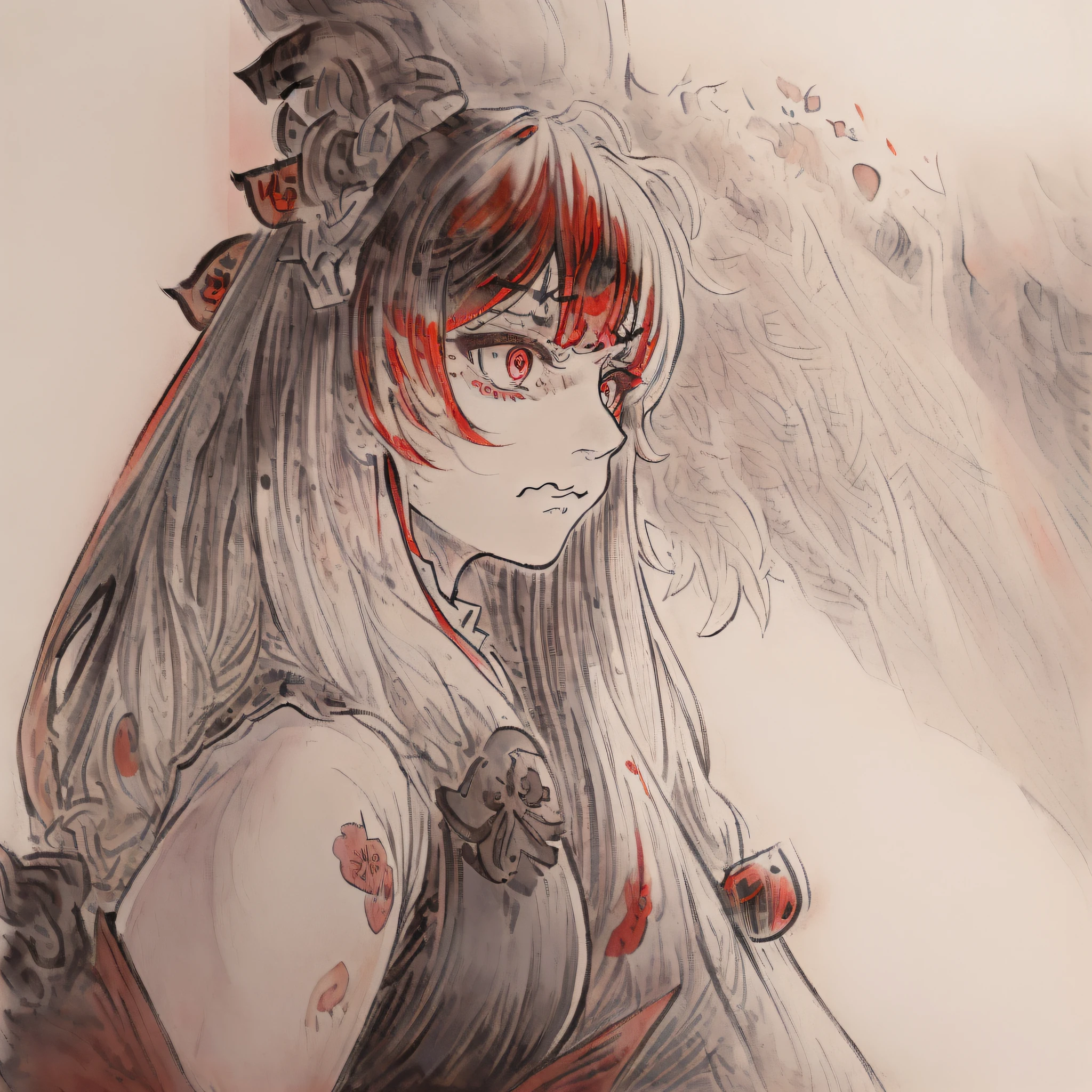 cinematic lighting, ((best quality)),((single_human_girl)),((((upper_body)))),((extremely_detailed_eyes_and_face)),((church)),((annoyed)),((ink)),((illustration)),depth of field,((frown)),((expression)),((red_eyes)),((((white_hair)))),((extremely detailed)),((watercolor)),((anime face)),(skull_on_dress),(((yokozuwari))),((detailed_skeleton_church)),(((beautiful_detailed_black_gothic_Empire_Waist_Dress))),(((dramatic_angle))),medium_breast,(8k_wallpaper),((bright_eyes)), (looking_at_viewers),((close_to_viewers)),((masterpiece)),(((((messy_long_hair))))),((((1girl)))),lens_flare,light_leaks