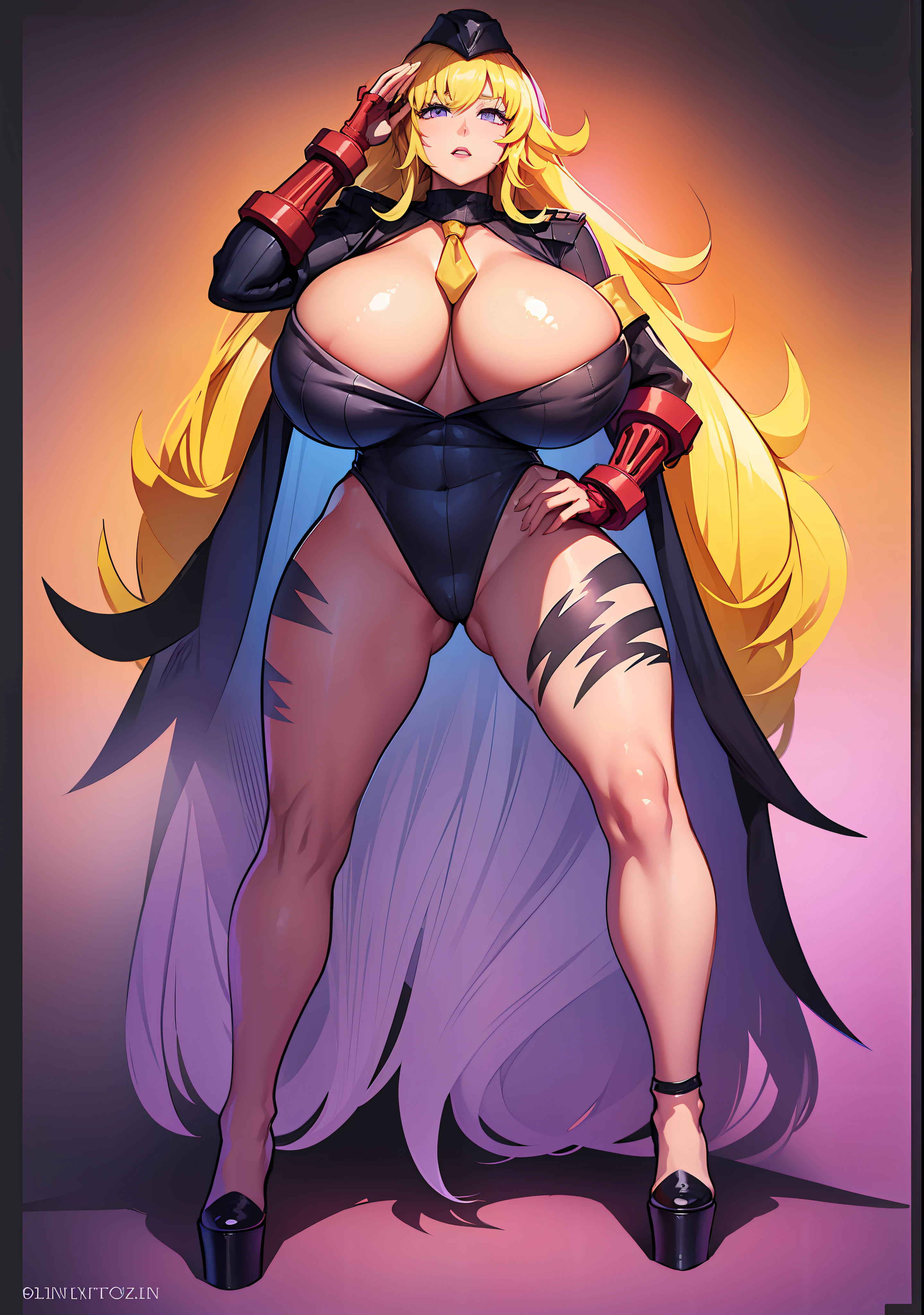 "Yang Xiao Long, with (eye-catching) huge breasts, wearing platform heels and a doll-like suit, mesmerized with captivating (hypnotic) spiral-wash eyes, alluring purple eyes, sporting bright (vibrant) lipstick, blonde long hair, and standing at attention."
