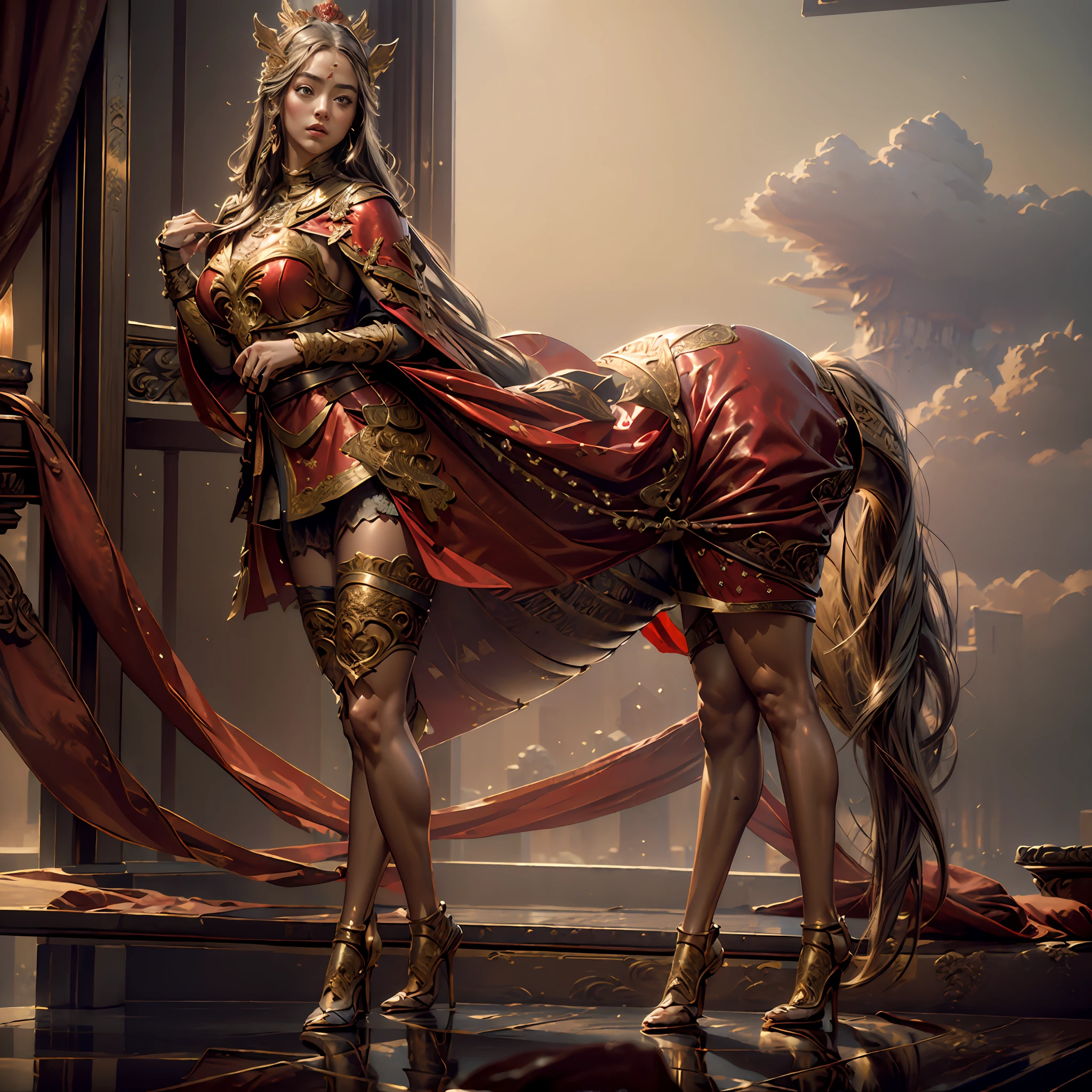 ((Masterpiece))), (((Best quality))), ((Ultra-detailed)), (Hyper-realistic), (Highly detailed CG illustration), Cinematic light, Photorealistic, Extremely beautiful girl, Light makeup, Large chest, Intricate Iba's details, Red cape, spear, On top of the horse