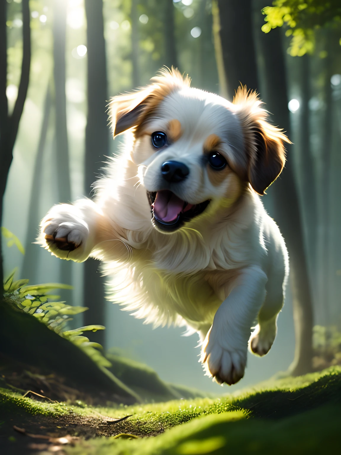Close up of a very cute jumping puppy in the forest,Gentle and gentle volumetric light,The light from the back window is backlighted:1.3, SENSE OF CINEMA:1.2, complexdetails, ArtStation:1.3, Rutkowski, V50.
