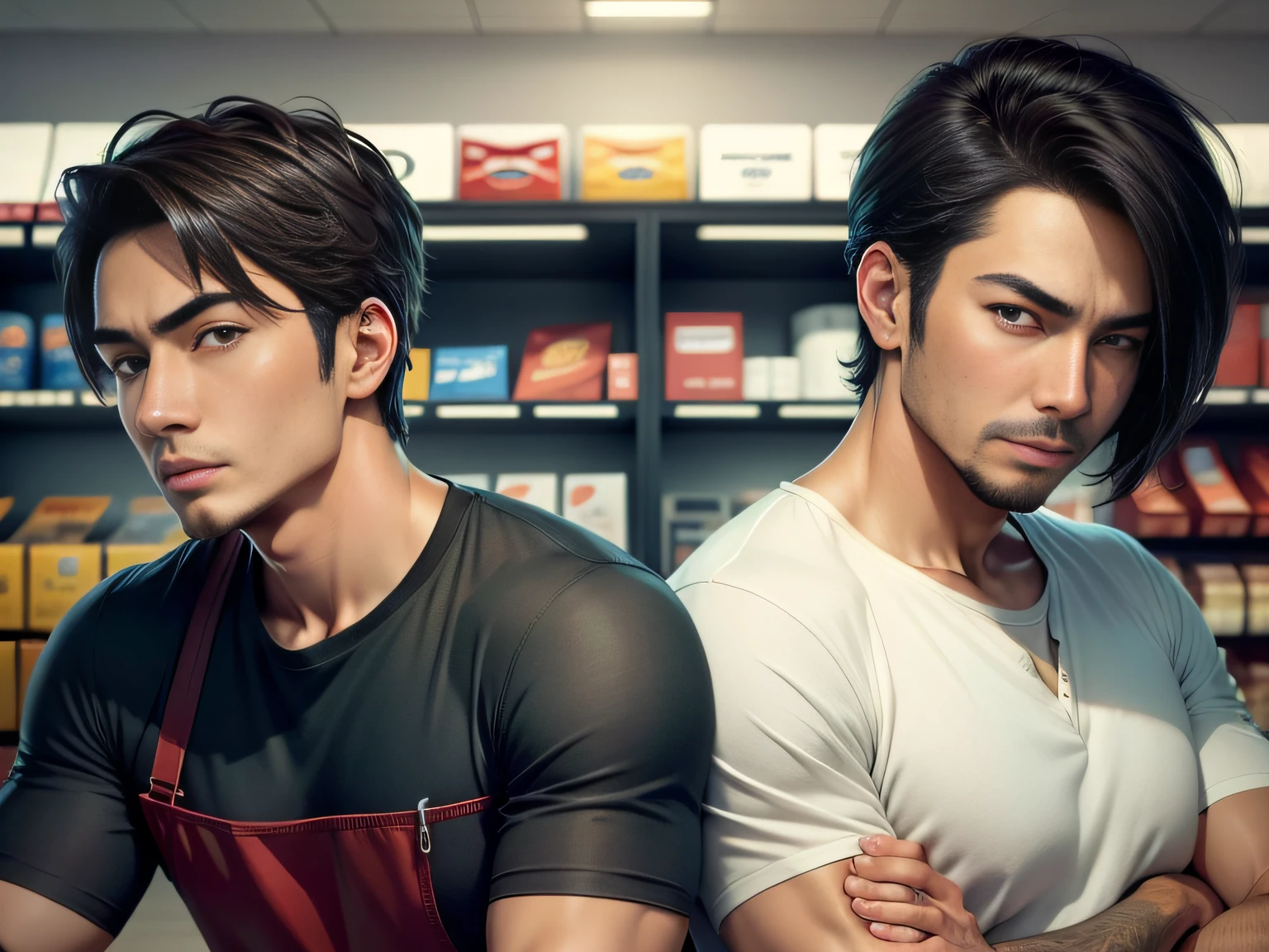 Male with 2 Asian faces，Shop for car supplies in casual wear at the auto supply supermarket，sface focus，Extreme depiction of facial detail