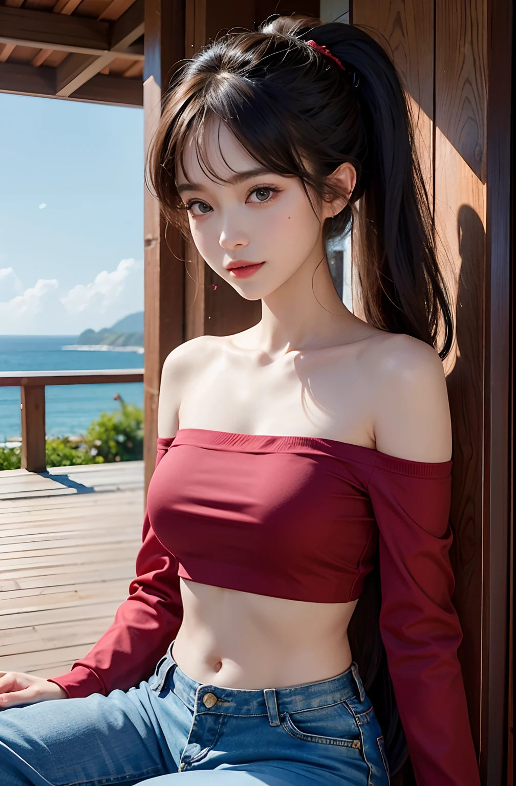 best qualtiy,sface focus,Look at the audience head-on,the soft light,(depth of fields),超高分辨率,Picture above the knee(Photorealsitic:1.4),RAW photos,Bigchest,Red clothes,Open navel,Bare shoulders,By bangs,Long ponytail hairstyle,(sportrait:1.4),(From the front side)1girll,独奏,adolable,(Shy,ssmile:1.1),(with brown eye),Detailed beautiful face,(mid day_Hair), moon in the night,Walk,(off-the-shoulder shirts),