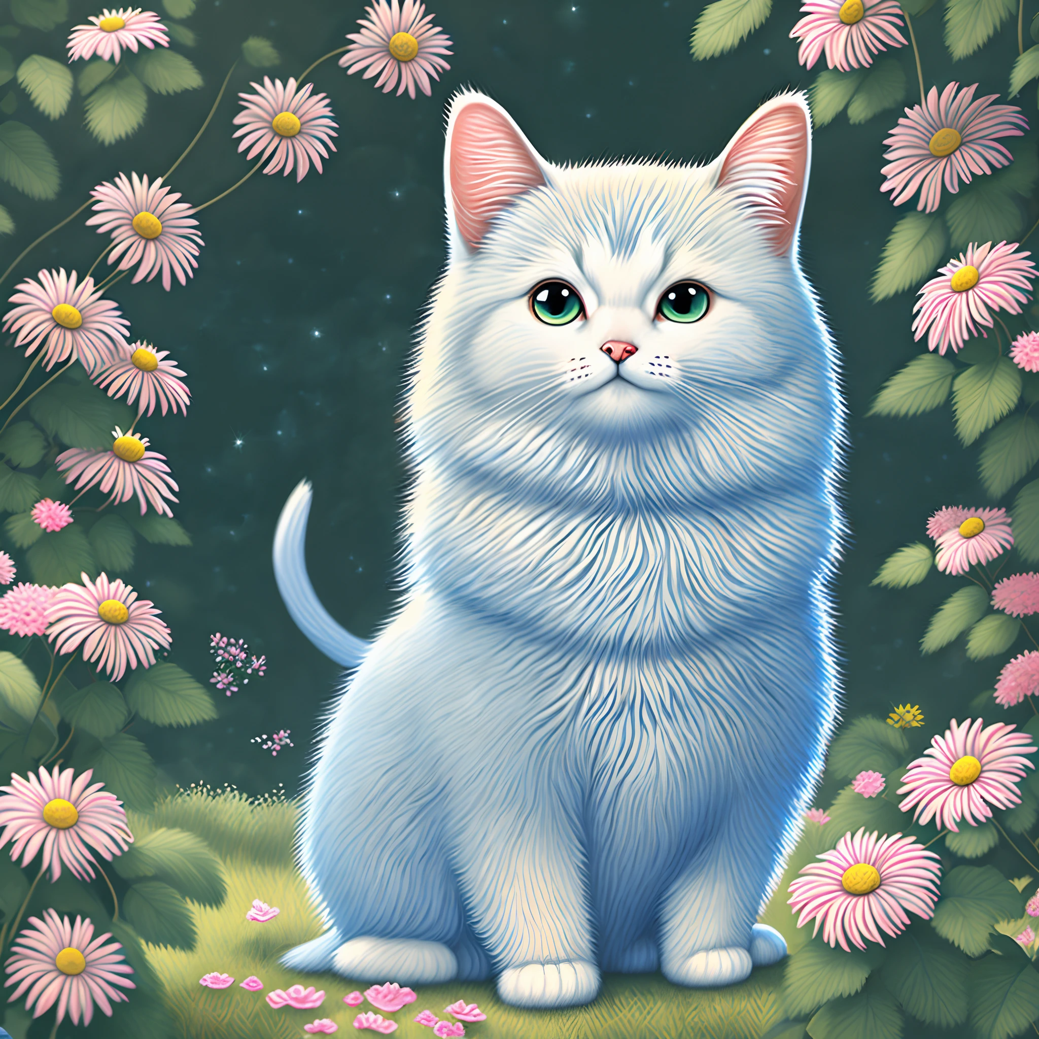 Desenho de linha  de um gato de cabelos longos que no fundo tenha um jardim de flores