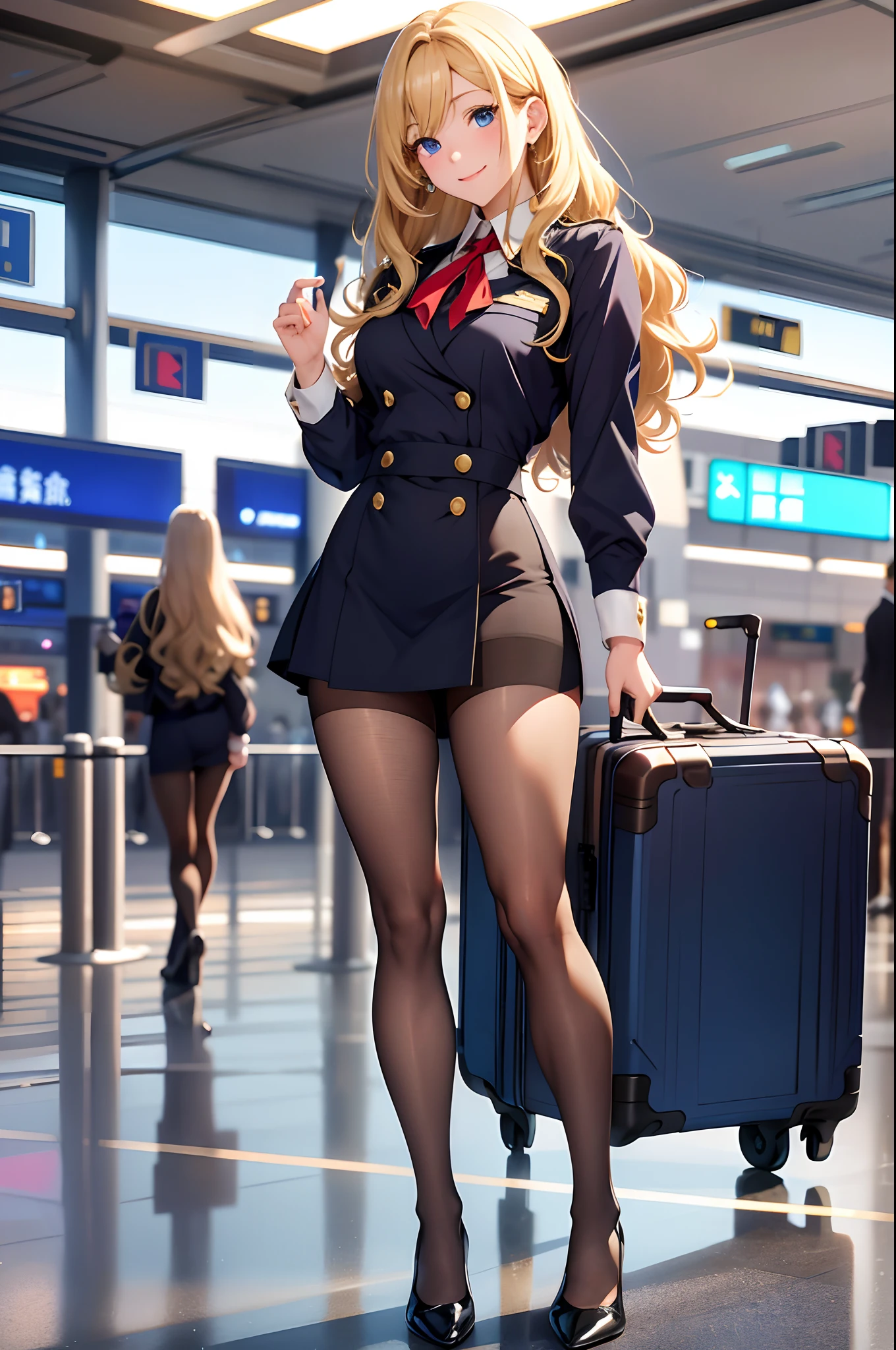 (top-quality、in 8K、32K、masterpiece、nffsw、超A high resolution、Impresionismo、Photorealsitic:1.2)、Full body, (airport:1.4)、realistic shadow、beauitful face、blurry backround、16-year-old beautiful girl、shinny skin, Beautiful golden hair、Wavy Hair、Medium Hair、blue eyess、Stewardess uniform、pantyhose、Black shoes、A smile、Carry Case、thighs thighs thighs thighs、