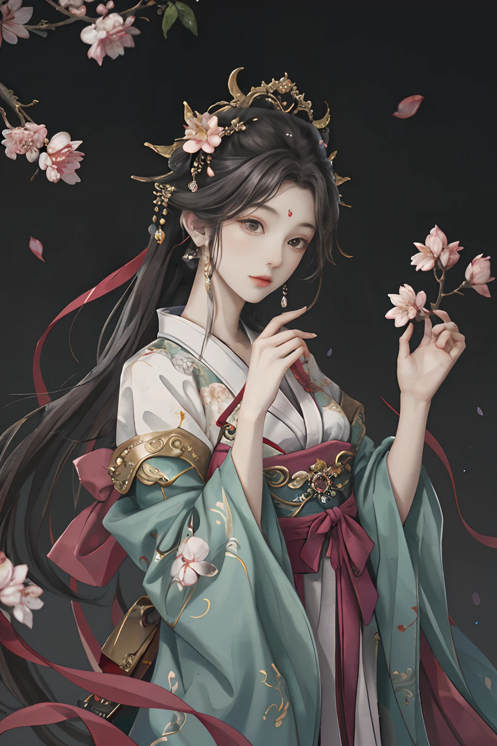 Original,(illustratio:1.1),(best qualtiy),(tmasterpiece:1.1),(the Extremely Detailed CG Unity 8K Wallpapers),(a color:1.2),1 Plum Blossom God,goddes,Bust,ancient costume,best qualtiy,Extremely detailed jewelry,Plum petals,scenecy,rios|Wagas,