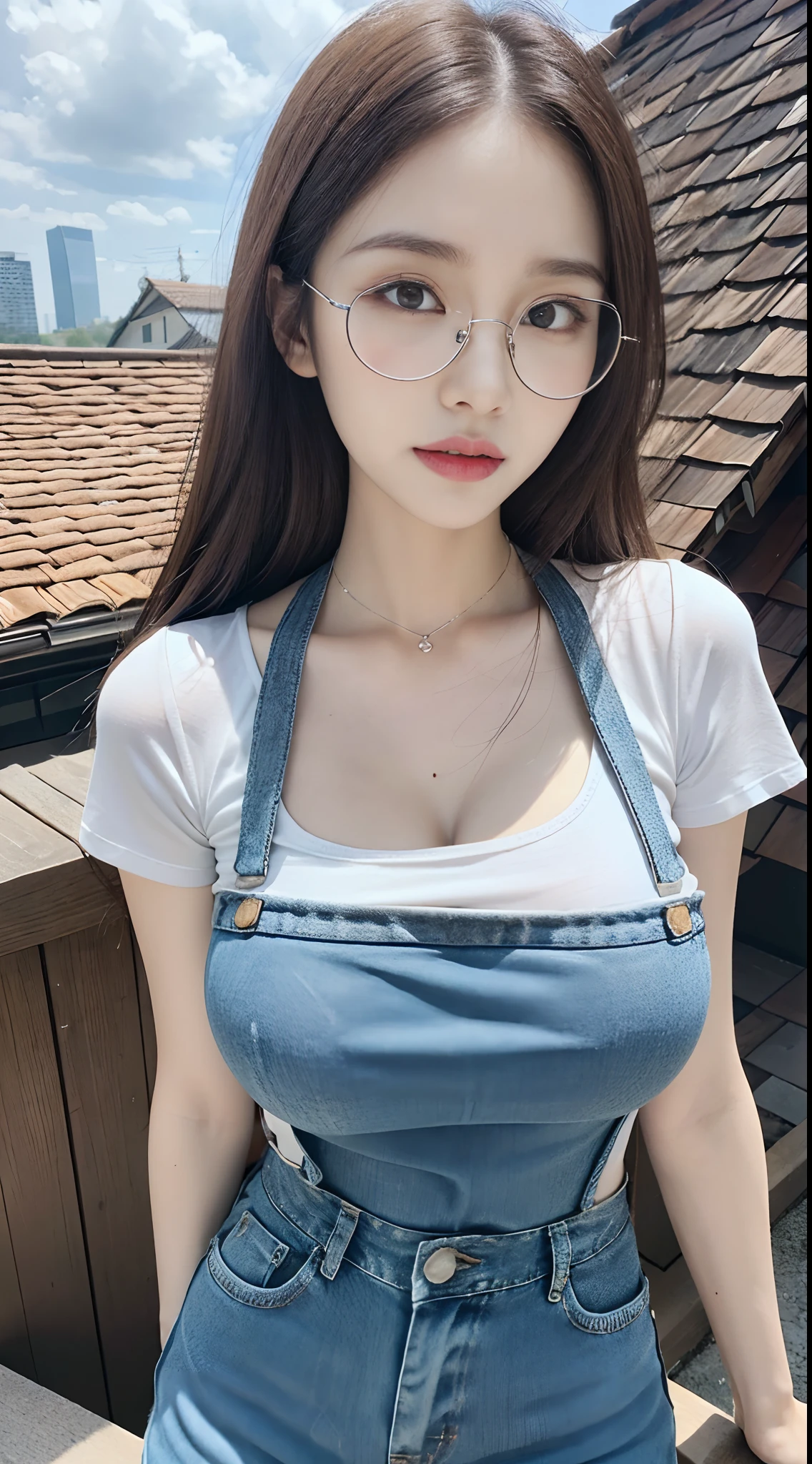 (Daytime, excellent, 8K, masutepiece:1.3)), Full body, Long legs, Focal length: 1.2, Perfect Body Beauty: 1.4, Slim abs: 1.1, ((dark brown hair, Big breasts: 1.2 )), (White Skinny T-Shirt, denim suspenders, Standing: 1.2), ((city, roof: 1.3)), Highly detailed face and skin texture, Detailed eyes, Double eyelids, Silver glasses, Long flowing hair