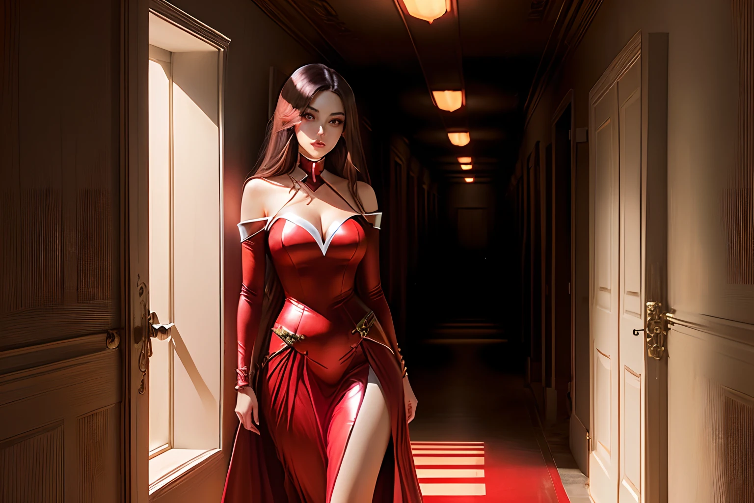 anime woman  and red dress in a eerie hallway, in the style artgerm