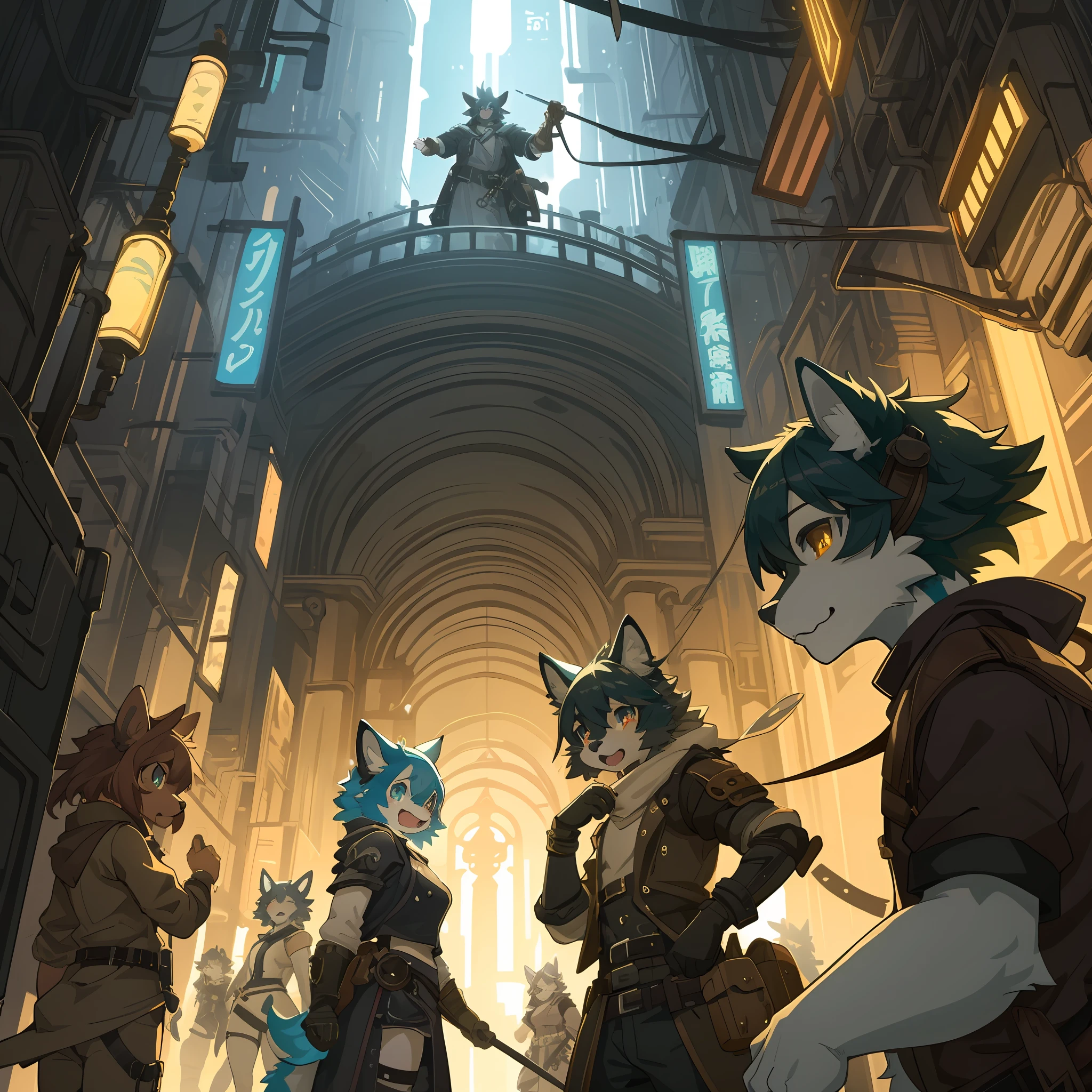 top quality, best quality, High-quality illustrations, masterpiece, super high resolution, detailed background, Dark Fantasy, Cyberpunk, steam punk, 6+boys, 6+girls, absurdres(highly detailed beautiful face and eyes)perfect anatomy, expression, good lighting, cinematic shadow(kemono, furry anthro)assorted poses, dynamic angle,