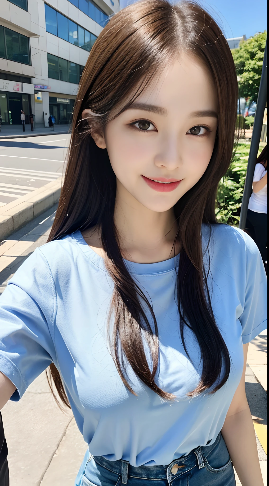 ((best qualtiy,8K,masterpiece:1.3)), 1girl in, A smile, fullllbody, Slim Faces, Beautiful woman, bobhair,Summer Casual Wear, Super Detailed Face, Detailed eyes, 二重まぶた, blur backgroun, Slim Faces, The city, exterior, the street,tshirts、
