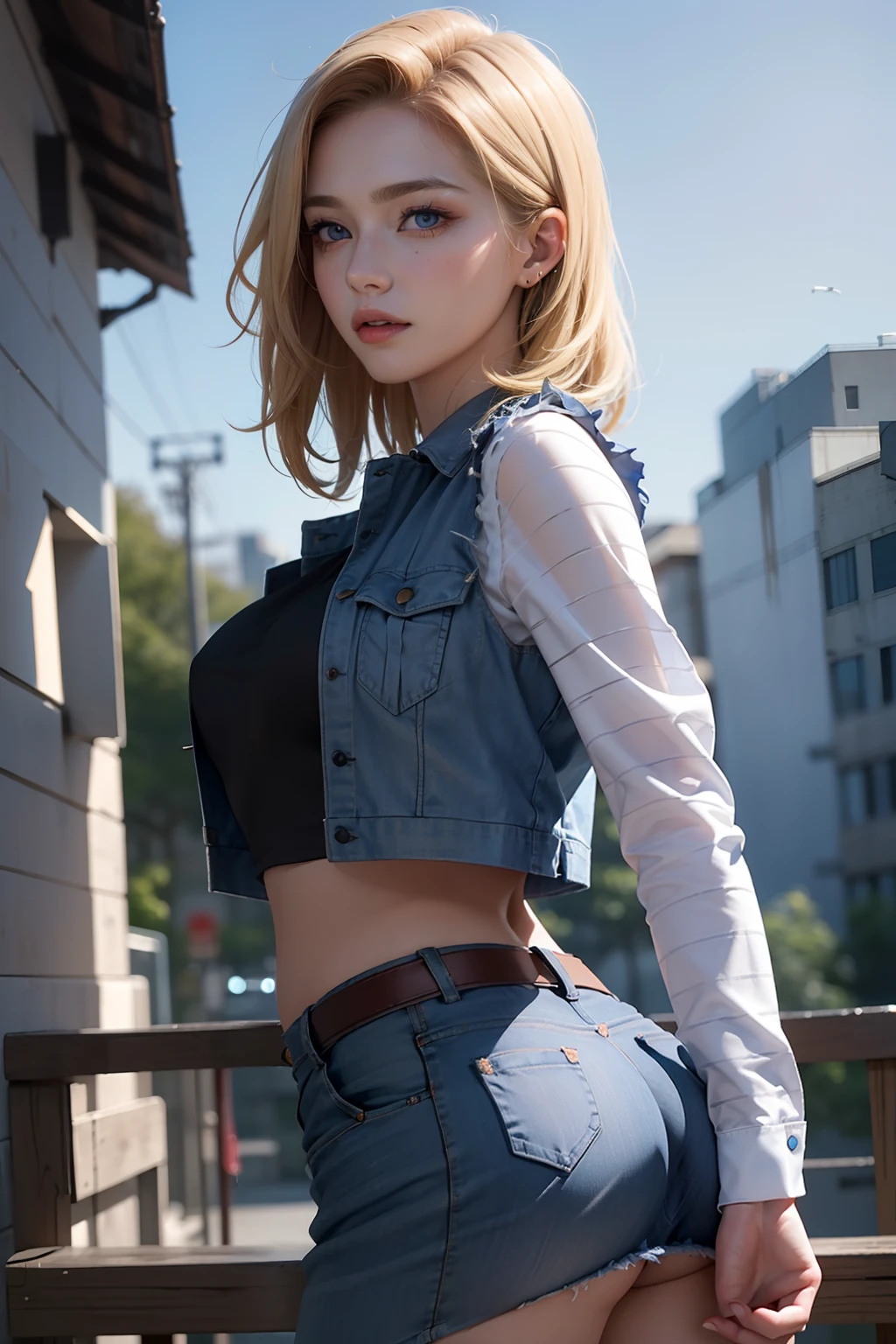 (highly detailed back ground:1.0)、(highly detailed back ground:1.0)、absurderes、((masterpiece:1.2、top-quality))、ultra-detailliert、Ultra-precise depiction、Ultra-detailed depiction、top-quality、ighly detailed、(dynamicposes)、(Photorealsitic:1.4)、Official Art、Unity 8k壁纸、Beautifully Aesthetic、looking at the viewers、1womanl、wide waist、(shinny skin)、many colors、dynamic ungle、Most Beautiful Form of Chaos、elegent、Brutalist design、 romanticism, deep-shadows, Unobtrusive, Looks Back, ANDROID_18, AND18, 18 with, 1girl in, Android 18, 独奏, blonde hair, blue eyess, shorth hair, Beautiful belly button、beautiful thigh、Beautiful udder、耳Nipple Ring, jewely, Denim Vest, open vest, Raw feet, Black shirt, denim skirt, Striped long sleeves, a blue skirt,