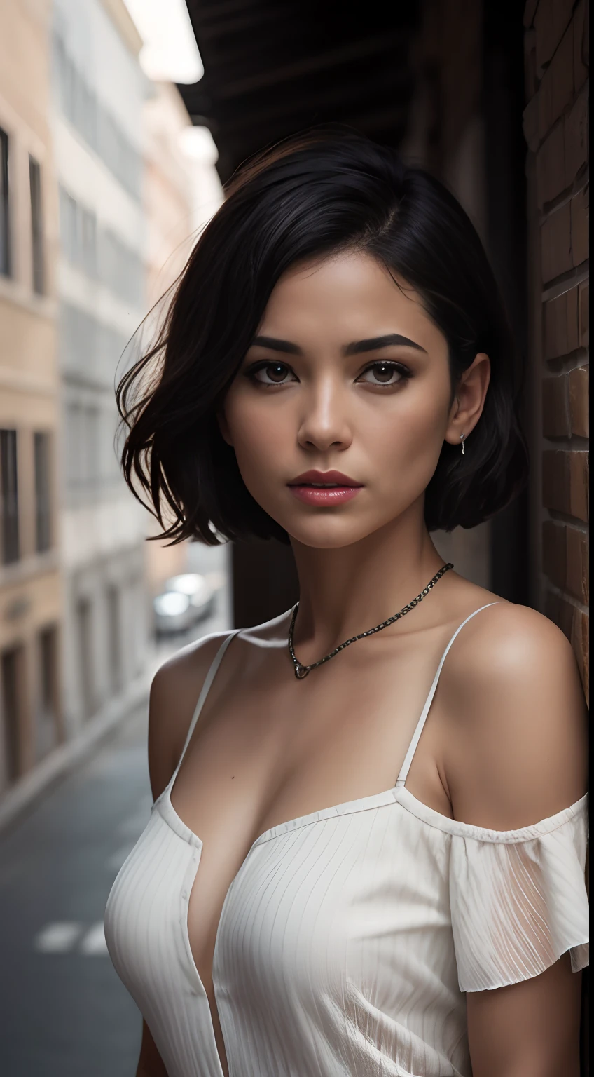 Masterpiece, upper body close-up, aerial view, a beautiful italian girl, white dress with black stripes with neckline, medium breasts, black hair, short straight hair, four position in bed, luxurious, night, very detailed lighting, dramatic, digital art trend in Artstation 8k HD high definition detailed realistic, detailed, skin texture, hyper detailed, realistic skin texture, Armor, best quality, ultra high res, (photorealistic: 1.4), high resolution, detailed, Raw photo, Sharp Re, by Lee Jeffries Nikon D850 Film Stock Photography 4 Kodak Portra 400 Camera F1.6 Lens Rich Colors Hyper Realistic Realistic texture UnrealEngine Dramatic lighting trend in ArtStation Cinestill 800