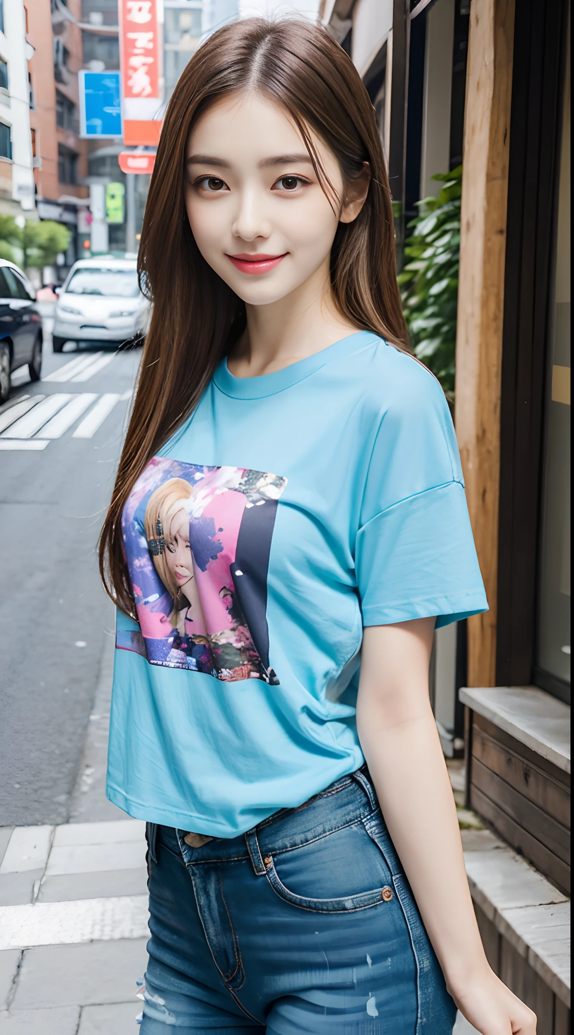 ((best qualtiy,8K,masterpiece:1.3)), 1girl in, A smile, fullllbody, Slim Faces, Beautiful woman, bobhair,Summer Casual Wear, Super Detailed Face, Detailed eyes, 二重まぶた, blur backgroun, Slim Faces, The city, exterior, the street,tshirts、