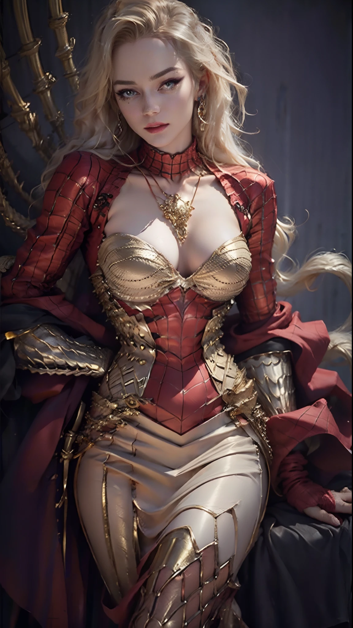 Beautiful blonde woman detailed defined body using gold spider man cosplay, huge breasts