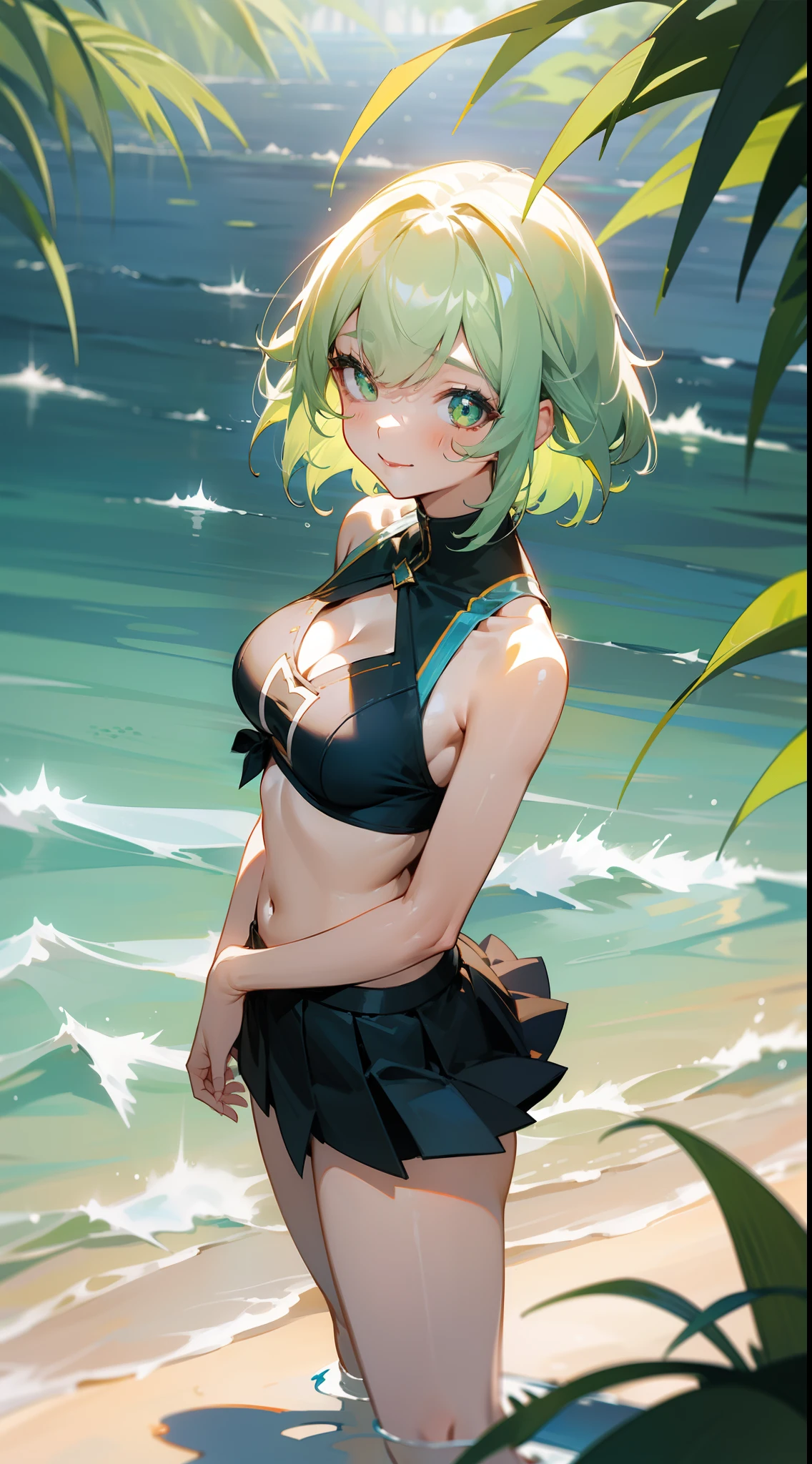 Lightning,strike,Thunderbolt, 1girl in, Cute, Water, Smile, Asian, The upper part of the body_Body, Focus on Eyes, Head_tilt, Fish, Orion, from a_Above, side-tie_bikini of_Bottom, Black_thighs thighs thighs thighs, Water splash, beautiful detailed water, The sun shines through the trees, bob cuts, wept bangs, hair between eye, lightsmile, Bright eyes, Bare_shoulders, Nail_The sheen, Large_breasts, Navel, thighs thighs thighs thighs, hair_Bow, Bracelet, Sleeveless, pleats_Skirt, cleavage_cutout, Bare_Legs, beautifulanddelicatewater, spark of light,Green hair, Green eyes,