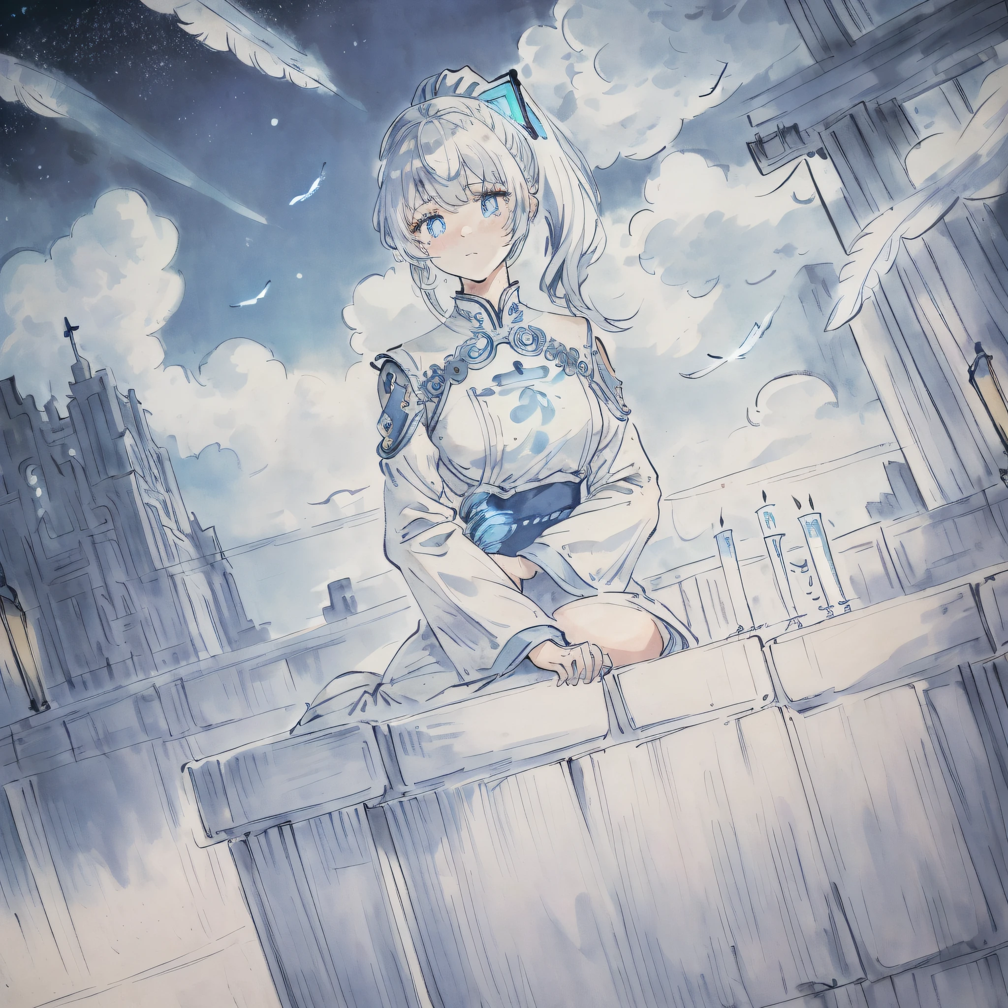{{masterpiece}}, flat chestbest quality},{highres},solo,flat_chest,a girl inside the church with white hair and blue pupil surrounded by {many} glowing {feathers} in cold face,detailed face,night with bright colorful lights whith richly layered clouds and clouded moon in the detailed sky,{a lot of glowing particles},high ponytail,mecha clothes,robot girl,cool movement,sliver bodysuit,{filigree},delicate and (intricate) hair,((sliver)) and (broken) body,blue streaked hair,full body,Depth of field, sitting on a {blue star}