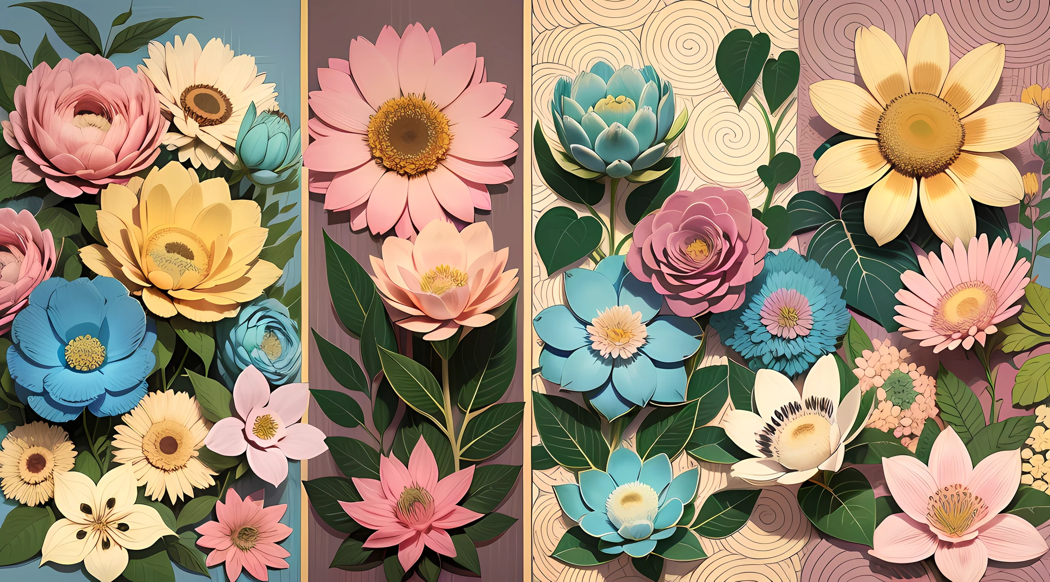 Set pattern of large flowers with plants, defined shape, flat style, vector style, drawing style, naïve style, wallpaper style, in soft pastel colors such as old pink, pastel blue, light blue, beige, pastel yellow. No shadows in the images.