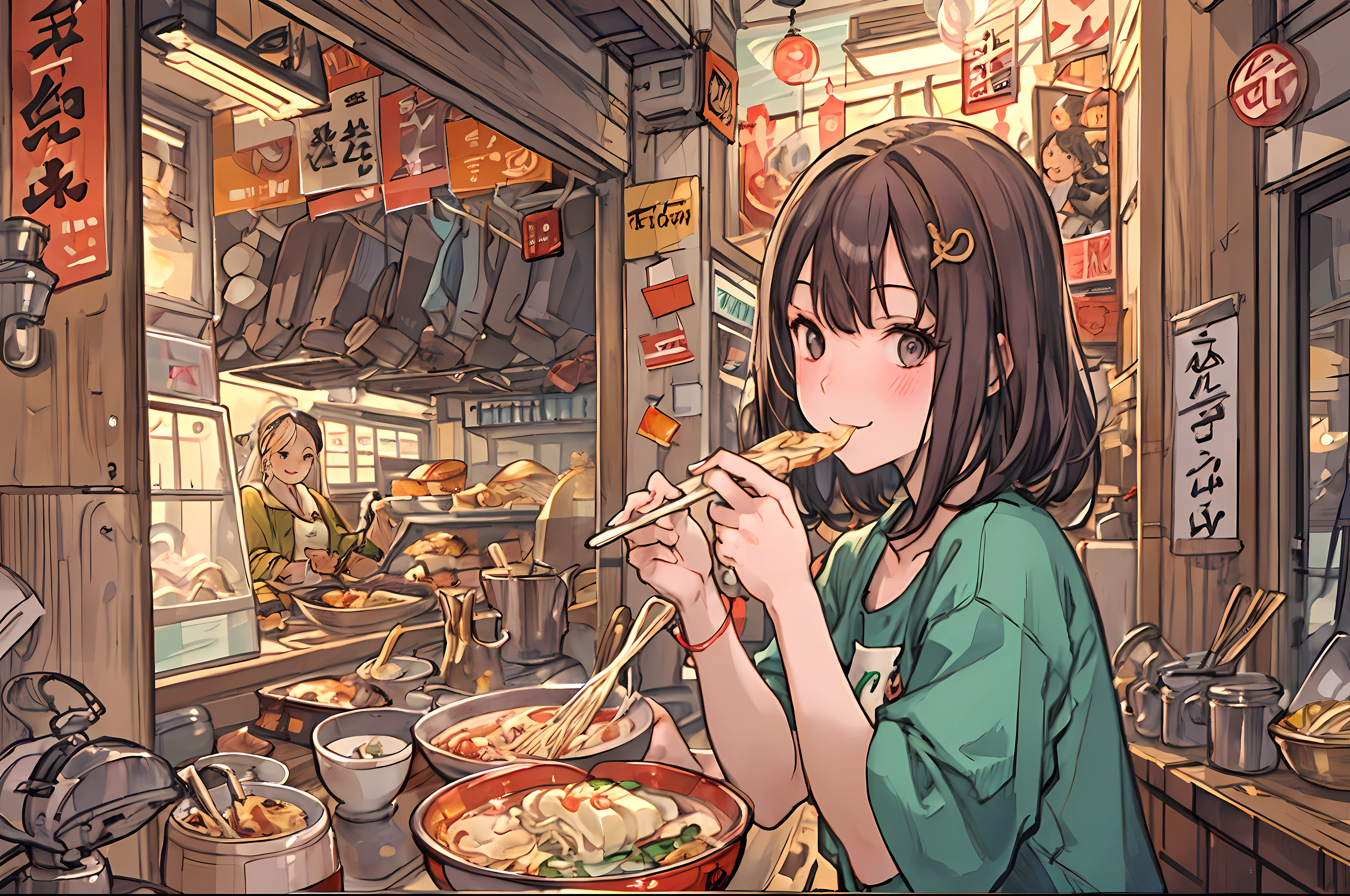 「In a stylish store、Draw a girl eating ramen deliciously at a popular ramen shop。She in a colorful interior and bright lighting、Smiling and sipping ramen。Mr. Table々There is a ramen bowl with toppings.、Holding a spoon in hand、I'm happily scooping up noodles.。The lively atmosphere of the store spreads around.、You can feel like you are having a good meal and having a good time with your friends。」