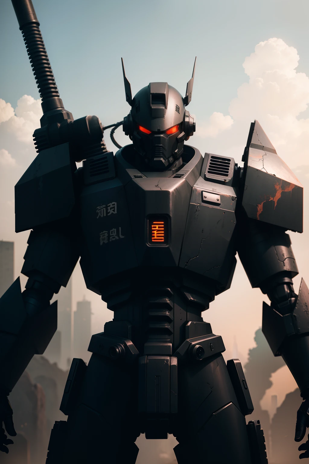 Surreal ruin style，Hold the weapon in your right hand，Black color mecha，up-close，Chinese leader，Distinctly industrial style。