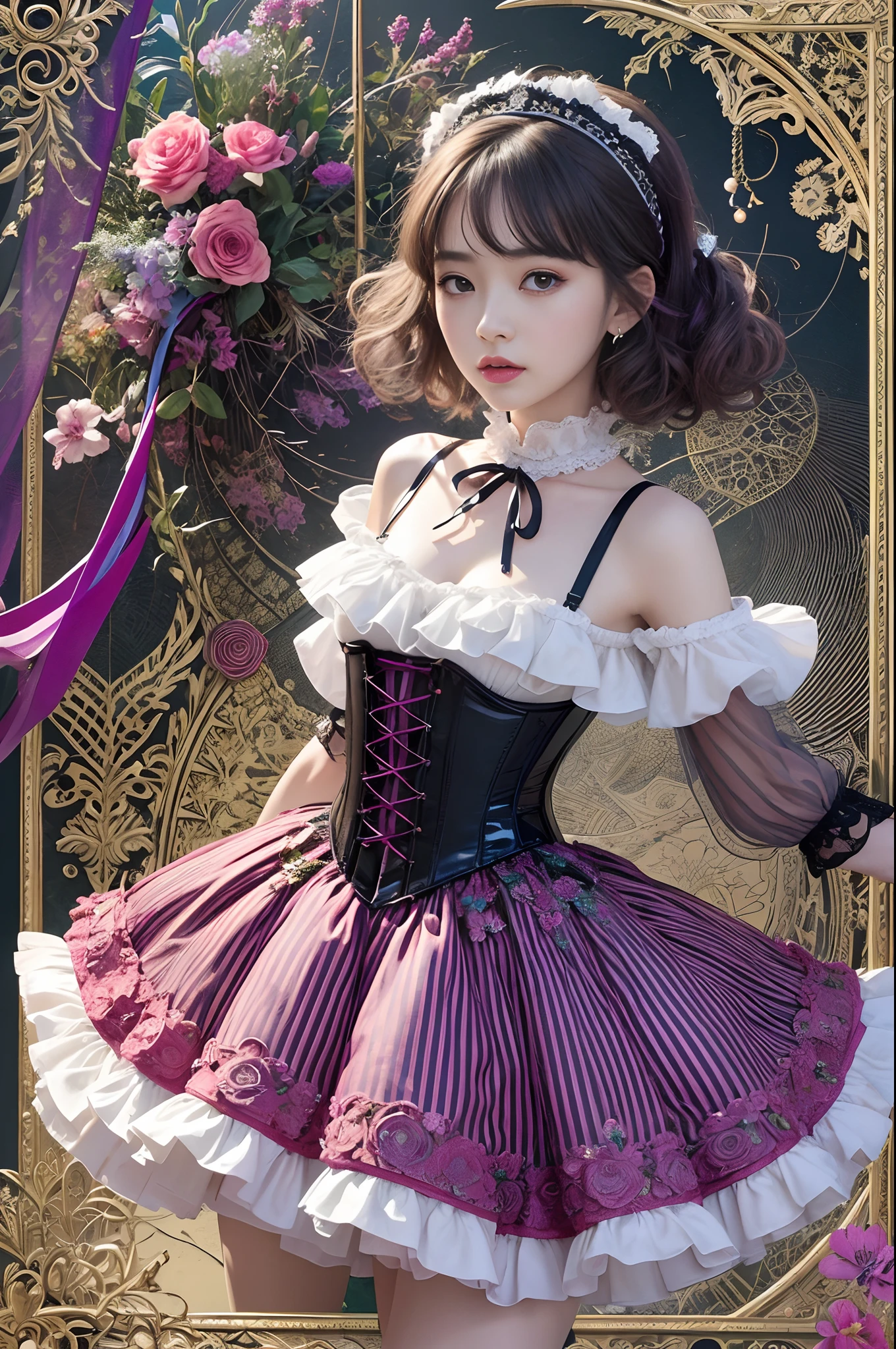 (​masterpiece、top-quality、top-quality、Official art、Beautifully Aesthetic:1.2)、(One girl:1.3)、A highly detailed、(Fractal Art:1.1)、(colourfull:1.1)(florals:1.3)、The most detailed、(Zentangle:1.2)、full body Esbian、(Abstract background:1.3)、(shinny skin)、(Many colors:1.4)、、(耳Nipple Ring)、(pluma:1.5)、​masterpiece、top-quality、top-quality、Official art、Beautifully Aesthetic:1.2)、(1girl in)、ighly detailed、(Fractal Art:1.3)、colourfull、highestdetailed、Purple hair、Perm of Kurukuru、short-cut、big eye、Women in Japan、(Ruffle frills, Chiffon Lace Ribbon Suspenders, (Stripe Design Pastel Coloring Dress), Big Ribbon Headband, Open Colorborn, puff sleeves, Tied thin ribbon corset, Balloon skirt, White Net Tights, Colorful star-shaped bead accessories)