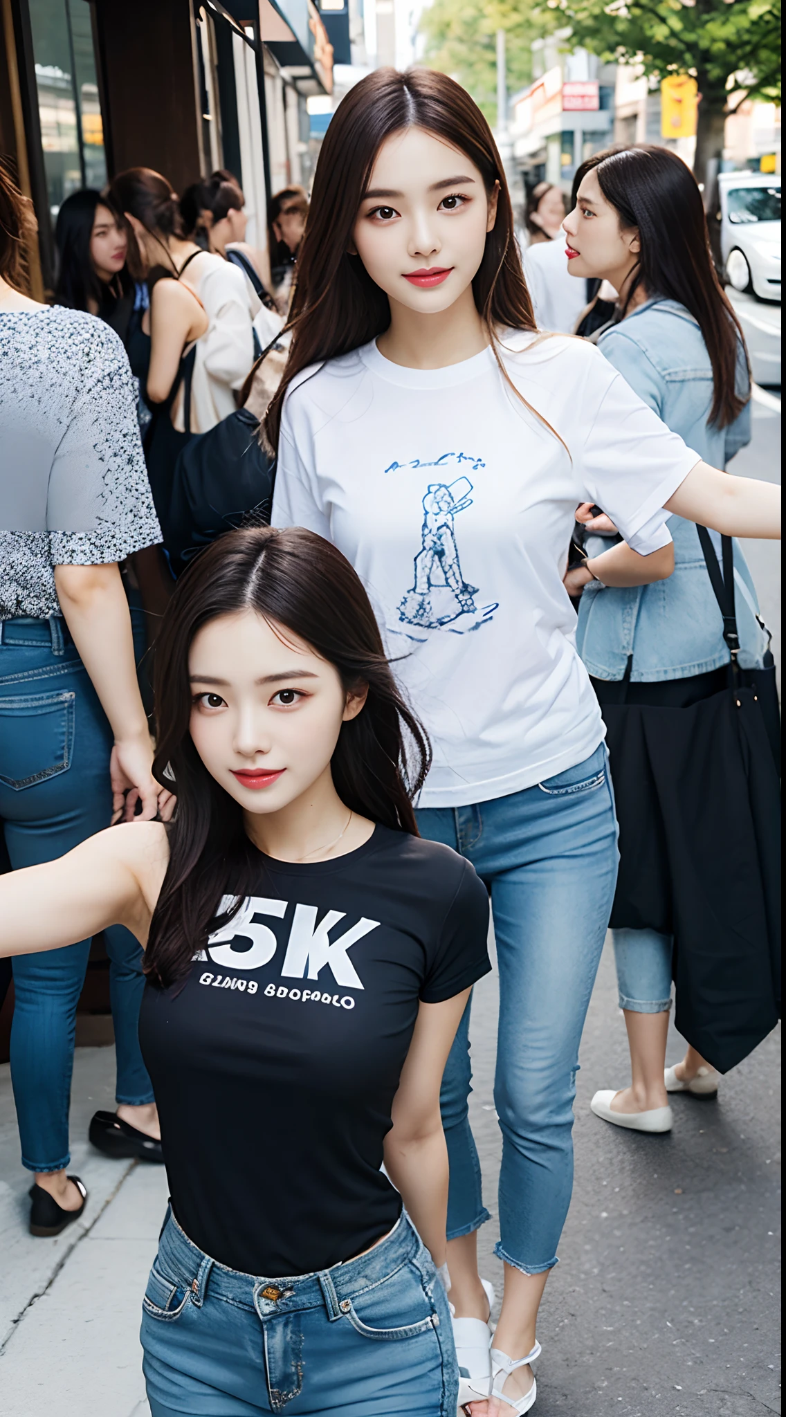 ((best qualtiy,8K,masterpiece:1.3)), 1girl in, A smile, fullllbody, Slim Faces, Beautiful woman, bobhair,Summer Casual Wear, Super Detailed Face, Detailed eyes, 二重まぶた, blur backgroun, Slim Faces, The city, exterior, the street,tshirts、