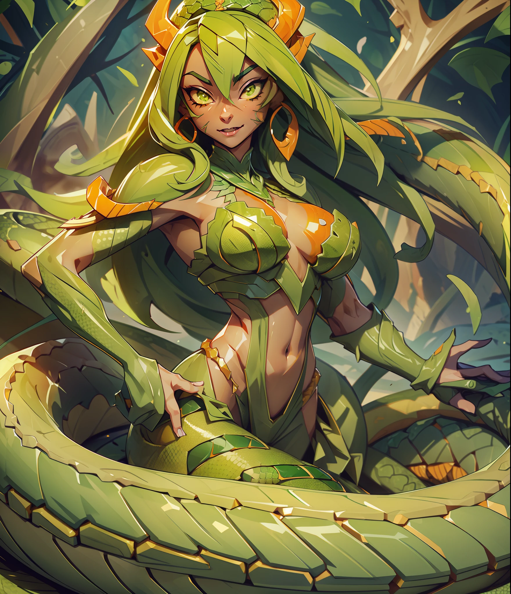 Lamia, snake tail, green detailed scales with orange stripes, green snake eyes, needle like fangs, green marbled head frills, wearing jagged tan armor, masterpiece, best quality