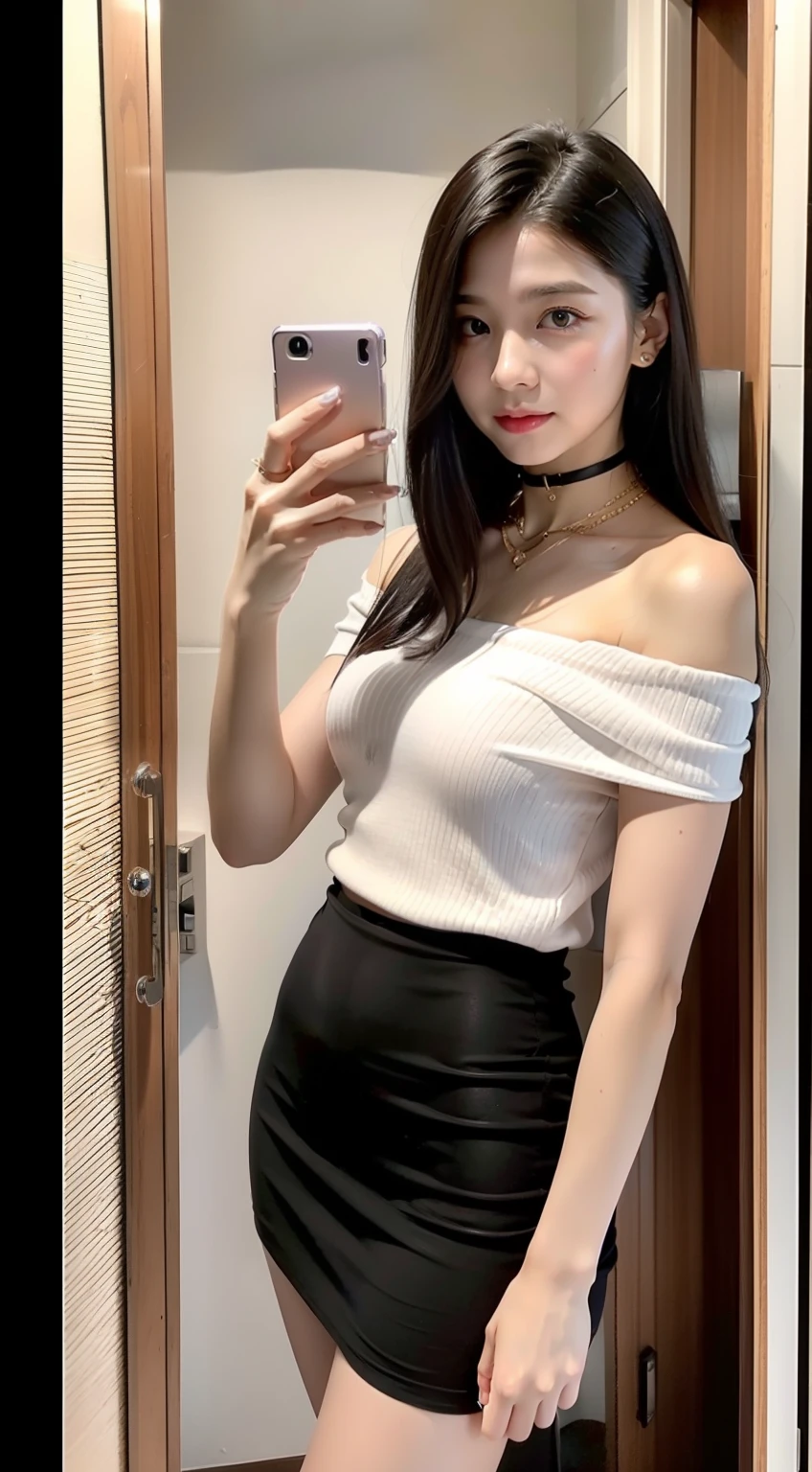 （8K分辨率，Mirror selfie photos，photorealestic），（1 female，20yr old，（The facial features of Izumi Sakai：1.4，Face with thin bones，s delicate face），com rosto detalhado，（Delicate light makeup），Beautiful face，com rosto detalhado，详细的脸，Ultra-fine makeup，Black colored eyes，（Look into the camera），short detailed hair，（Messy has layers），Redlip，Fair smooth skin，（Best Skin Type：1.21），（Off-the-shoulder T-shirt，Short skirts for students，（materpiece：terylene，Lycra cotton，elasticity），（（Gorgeous phone case，rhinestones，Nipple shape is protruding）），choker necklace，high-heels），Tall and tall，perfect hand，Great for selfies，Ultra-fine clothing material），（浴室，Exquisite bedroom details，（Floor-to-ceiling mirrors，vanity table）），（narcissistic，Rejoice），（Light assist，profesional lighting），（Cute and lively，（vibrant with colors，（purpleish color，blue colors，In pink））），（Golden section，Cinema lenses，Hasselblad photograp，tmasterpiece：1.3），（adolable，Raised sexy，Take a selfie at home，Artis，Live streaming platform）