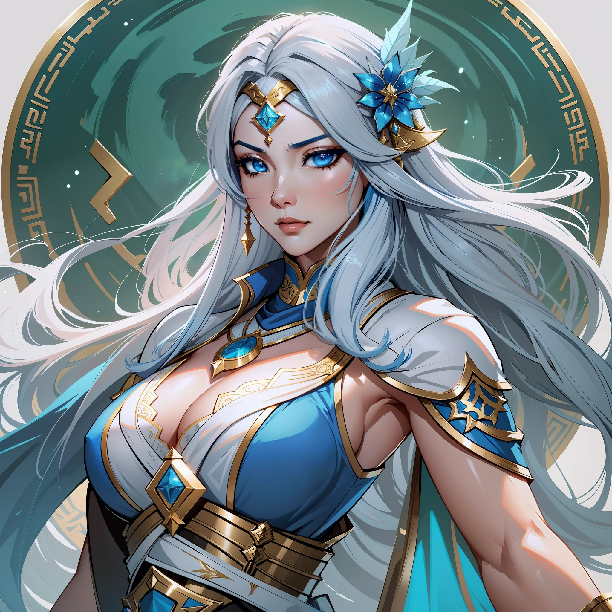 a close up of a strong amazon woman in her 30's, with blue eyes and white hair, wearing a blue and white belly dancer attire, a heroine with blue eyes, female swordswoman with ice power, middle-eastern princess, standing in a chinese temple, new costume concept design, in the style of blade and soul, full body character concept, detailed character design, inspired by Yang Jin, inspired by Li Mei-Shu, chinese costume, inspired by Lan Ying, inspired by Sim Sa-Jeong, inspired by Li Tang, lunar themed attire, costume with blue accents, inspired by Ju Lian, colored concept art, highly detailed character design, highly detailed face, inspired by Ai Xuan, very highly detailed face, unreal engine render, final fantasy 14 style, inspired by Leng Mei