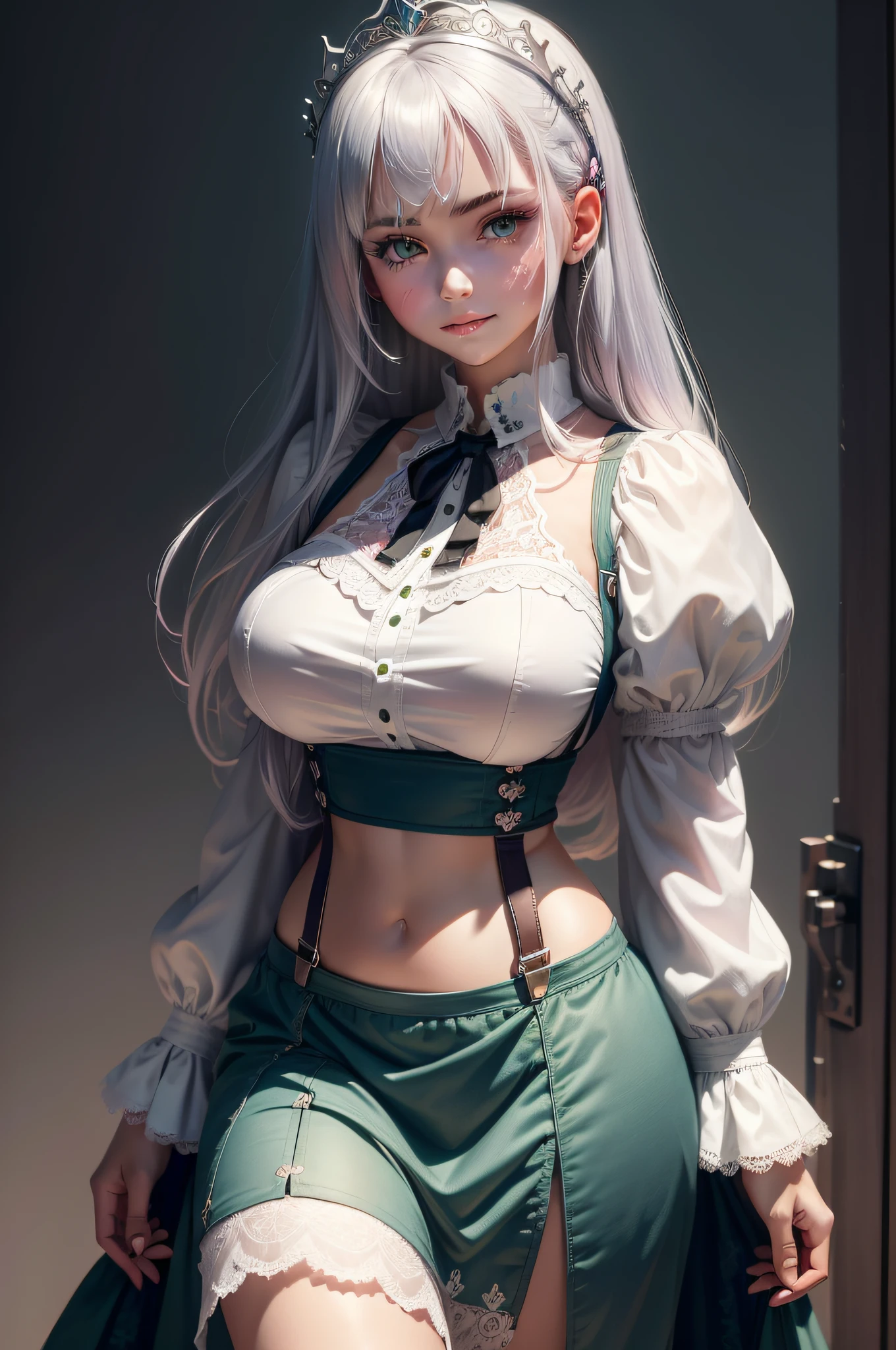 1girll, (Masterpiece:1.1), (Best quality:1.1), (White blouse:1.1), (Scars above the abdomen:1.1), Lace suspenders, Lace skirt, Break [Blue:Pink:0.5] Theme, (Gradient background:1.1), Cowboy shot, Break Silver Hair, Long hair, , Green eyes, intricate detailed tiara, looking toward the viewer,A charming smile，huge tit