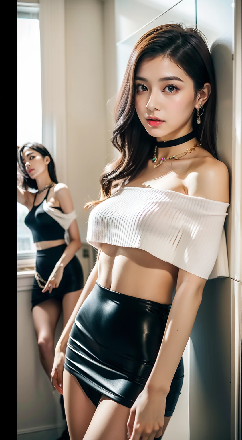 （8K分辨率，Mirror selfie photos，photorealestic），（1 female，20yr old，（The facial features of Izumi Sakai：1.4，Face with thin bones，s delicate face），com rosto detalhado，（Delicate light makeup），Beautiful face，com rosto detalhado，详细的脸，Ultra-fine makeup，Black colored eyes，（Look into the camera），short detailed hair，（Messy has layers），Redlip，Fair smooth skin，（Best Skin Type：1.21），（Off-the-shoulder T-shirt，Short skirts for students，（materpiece：terylene，Lycra cotton，elasticity），（（Gorgeous phone case，rhinestones，Nipple shape is protruding）），choker necklace，high-heels），Tall and tall，perfect hand，Great for selfies，Ultra-fine clothing material），（浴室，Exquisite bedroom details，（Floor-to-ceiling mirrors，vanity table）），（narcissistic，Rejoice），（Light assist，profesional lighting），（Cute and lively，（vibrant with colors，（purpleish color，blue colors，In pink））），（Golden section，Cinema lenses，Hasselblad photograp，tmasterpiece：1.3），（adolable，Raised sexy，Take a selfie at home，Artis，Live streaming platform）