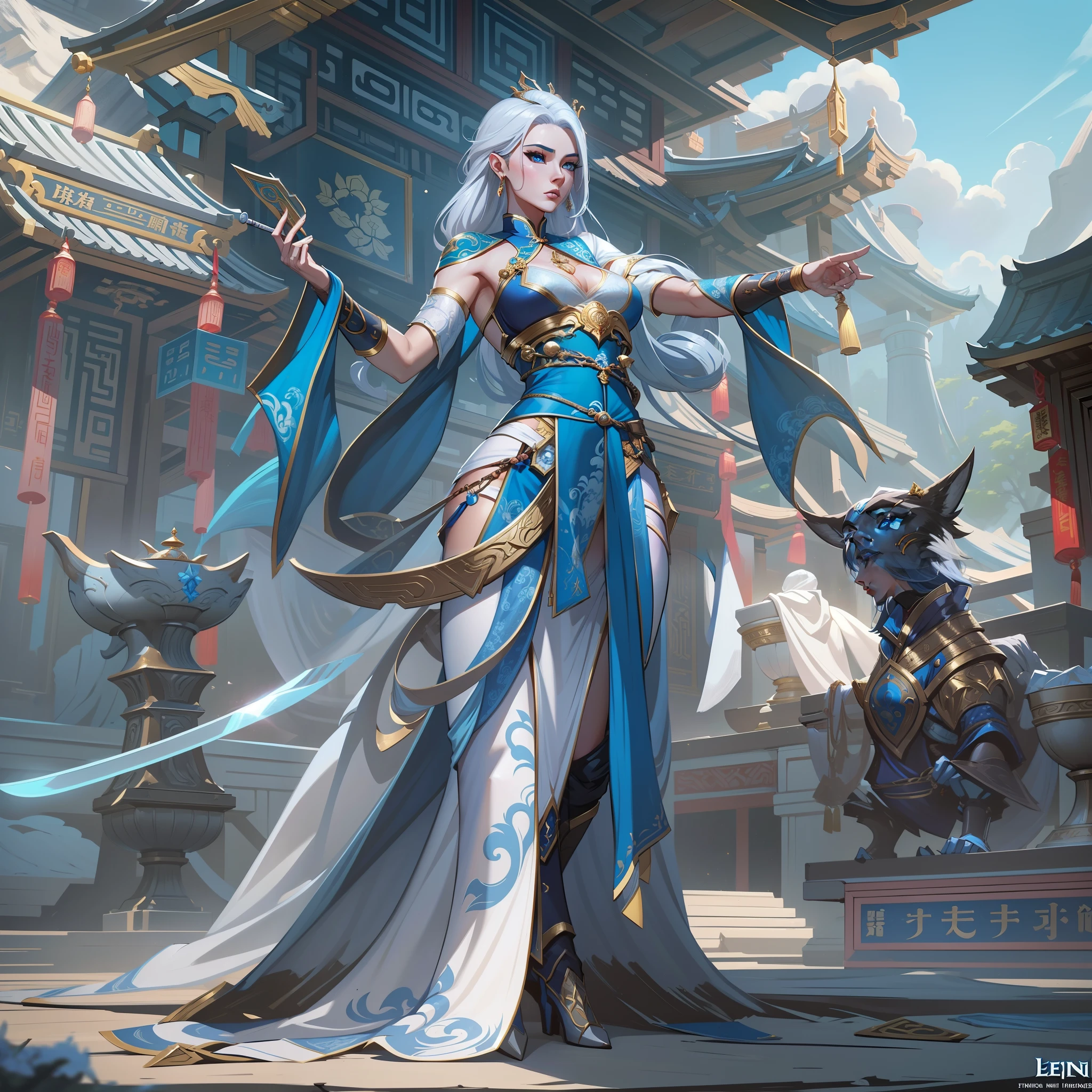 a close up of a strong amazon woman in her 30's, with blue eyes and white hair, wearing a blue and white belly dancer attire, a heroine with blue eyes, female swordswoman with ice power, middle-eastern princess, standing in a chinese temple, new costume concept design, in the style of blade and soul, full body character concept, detailed character design, inspired by Yang Jin, inspired by Li Mei-Shu, chinese costume, inspired by Lan Ying, inspired by Sim Sa-Jeong, inspired by Li Tang, lunar themed attire, costume with blue accents, inspired by Ju Lian, colored concept art, highly detailed character design, highly detailed face, inspired by Ai Xuan, very highly detailed face, unreal engine render, final fantasy 14 style, inspired by Leng Mei