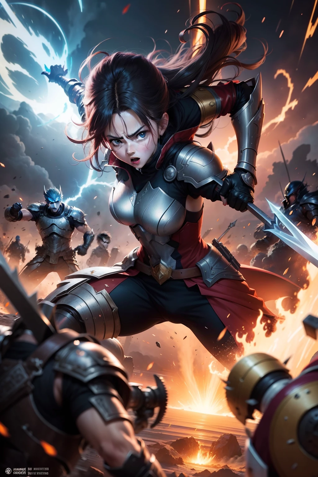 A print with an epic battle scene between the protagonists of a popular anime, com cores vibrantes e detalhes impactantes