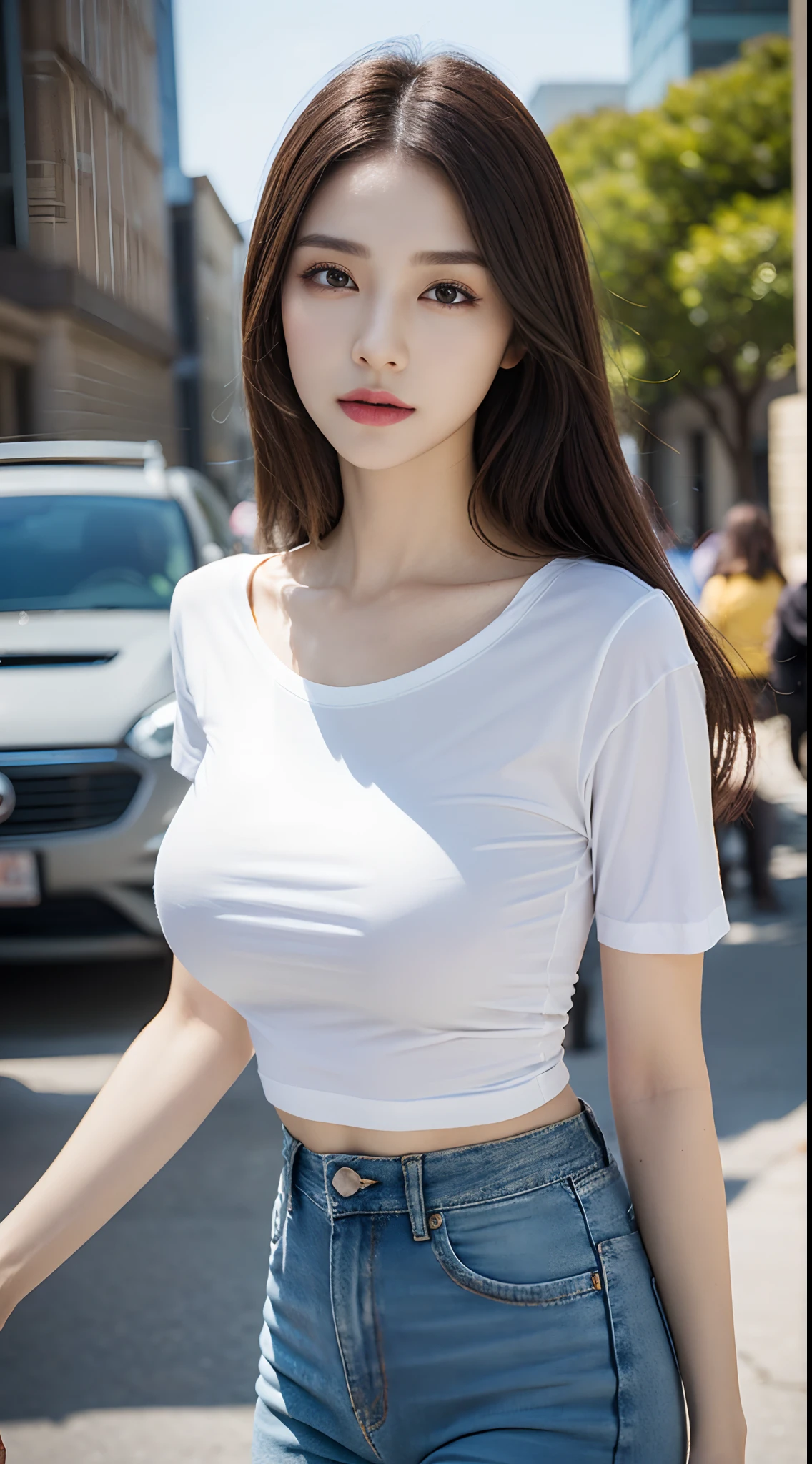 (Daytime, Excellent, 8K, Masterpiece: 1.3)), Full Body, Long Legs, Focal Length: 1.2, Perfect Body Beauty: 1.4, Slim Abs: 1.1, ((Dark Brown Hair, Big Breasts: 1.2 )), (White Skinny T-shirt, Jeans, Standing: 1.2), ((City, Outdoor: 1.3)), Highly Detailed Face and Skin Texture, Detailed Eyes, Double Eyelids