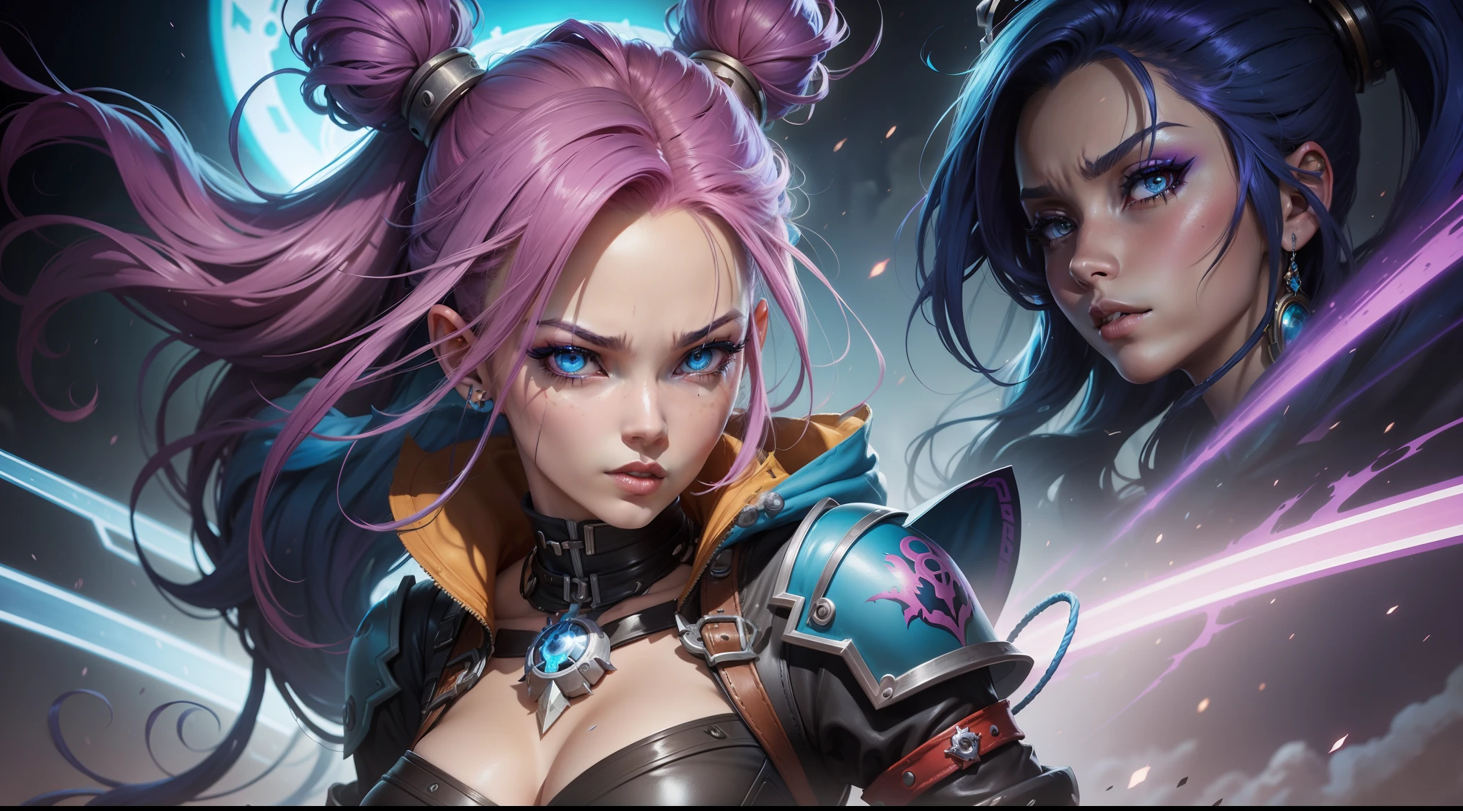  anime com cabelo azul arma, Retrato de Jinx de Arcane, we, arcano, iconic character splash art, arte de splash do personagem, Closeup da arte do personagem, heroes of the storm splash art, Artgerm Julie Bell Beeple, jinx arcano, Splashart de League of Legends, Arte de Hearthstone, arte de salpicos de overwatch, 1.920x1.080, jynx, vi, cabelo rosa