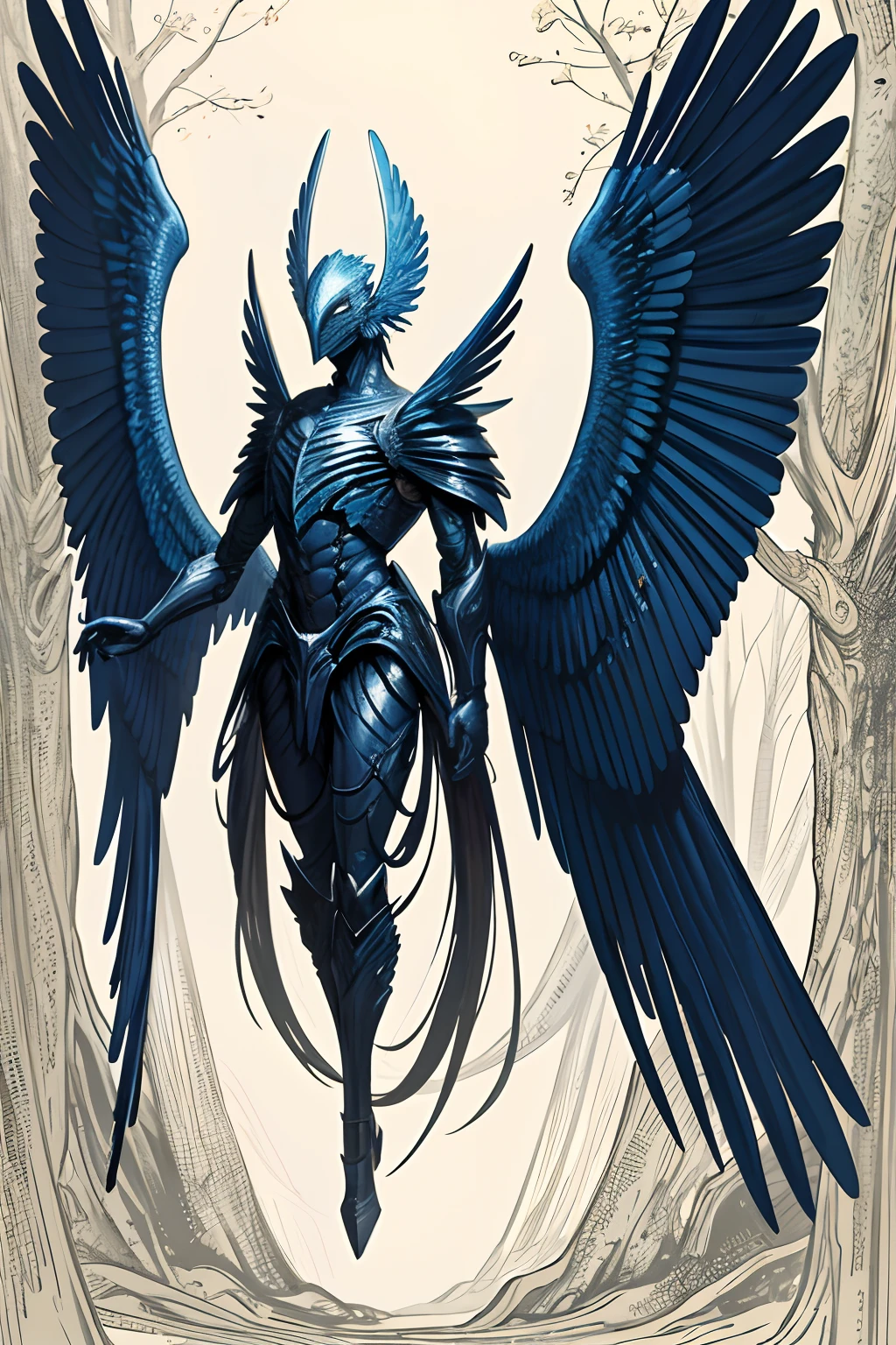 painting of a humanoid man with wings, in a garden, winged human, giant wings, horror entity with wings, male aeromorph, symmetrical epic fantasy art, huge wings, wispy gigantic wings, dark feathered wings, winged boy, massive wings, no face, (best quality), (masterpiece), no armor,