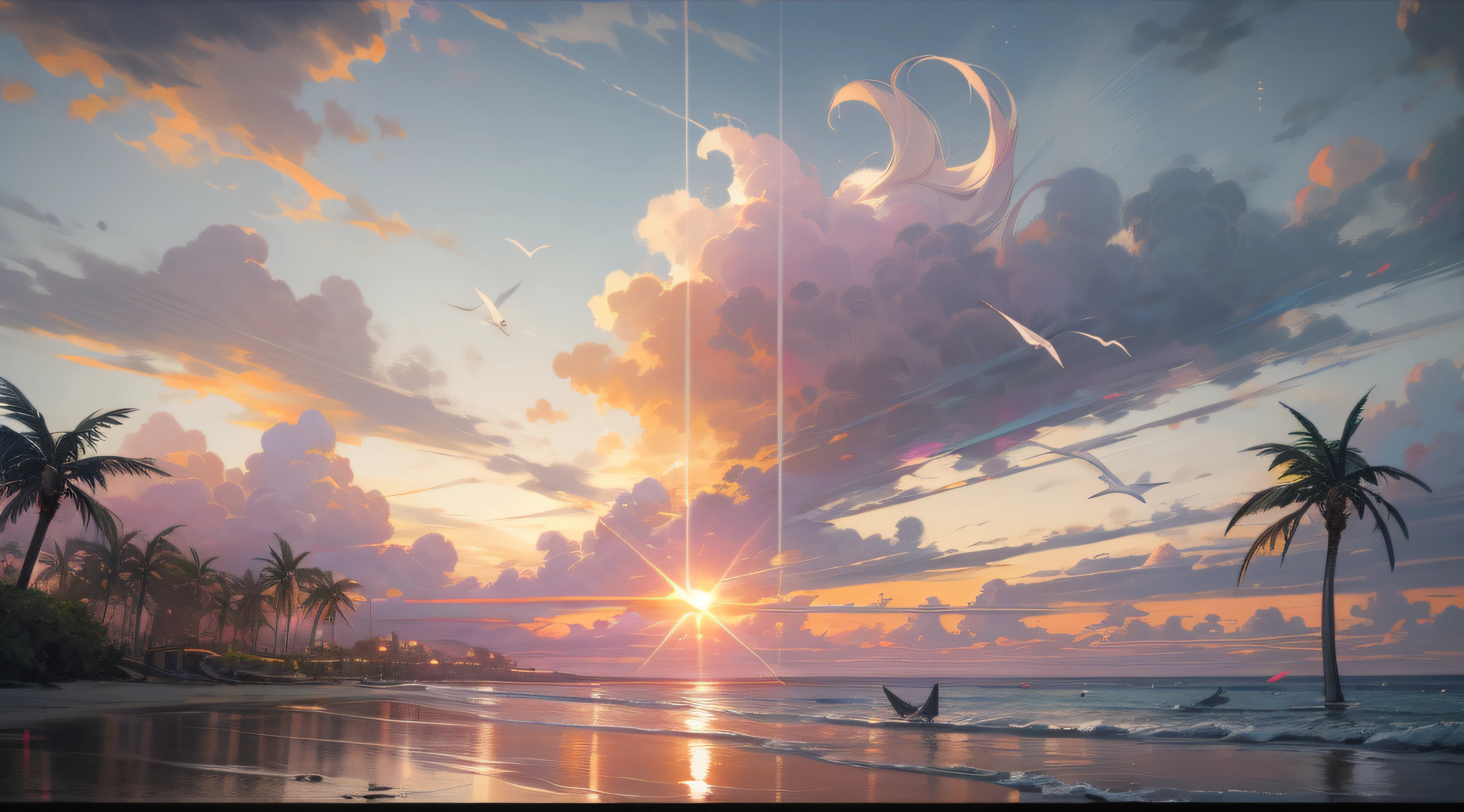 An absolutely mesmerizing sunset on the beach with a mix of orange, pink and yellow in the sky. The water is crystal clear, gently kissing the shore, and the white sand beach stretches as far as the eye can see. The scene is dynamic and breathtaking, with seagulls soaring high in the sky and palm trees gently swaying. Soak up the calm atmosphere and let the tranquility envelope.