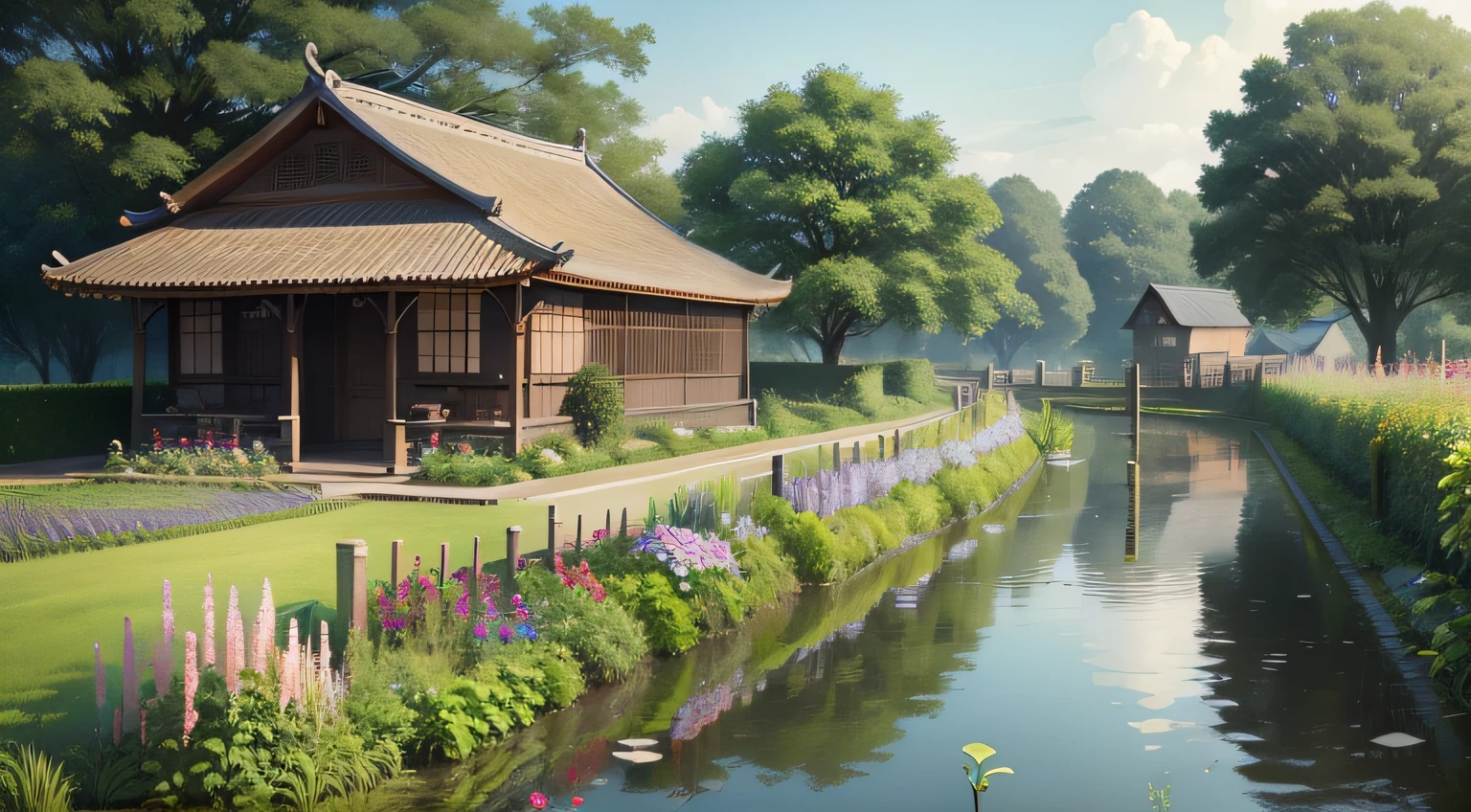 Country cottage in summer,It is surrounded by verdant vegetable gardens and flowing canals,The fence surrounds a tranquil landscape。The well sits quietly aside。