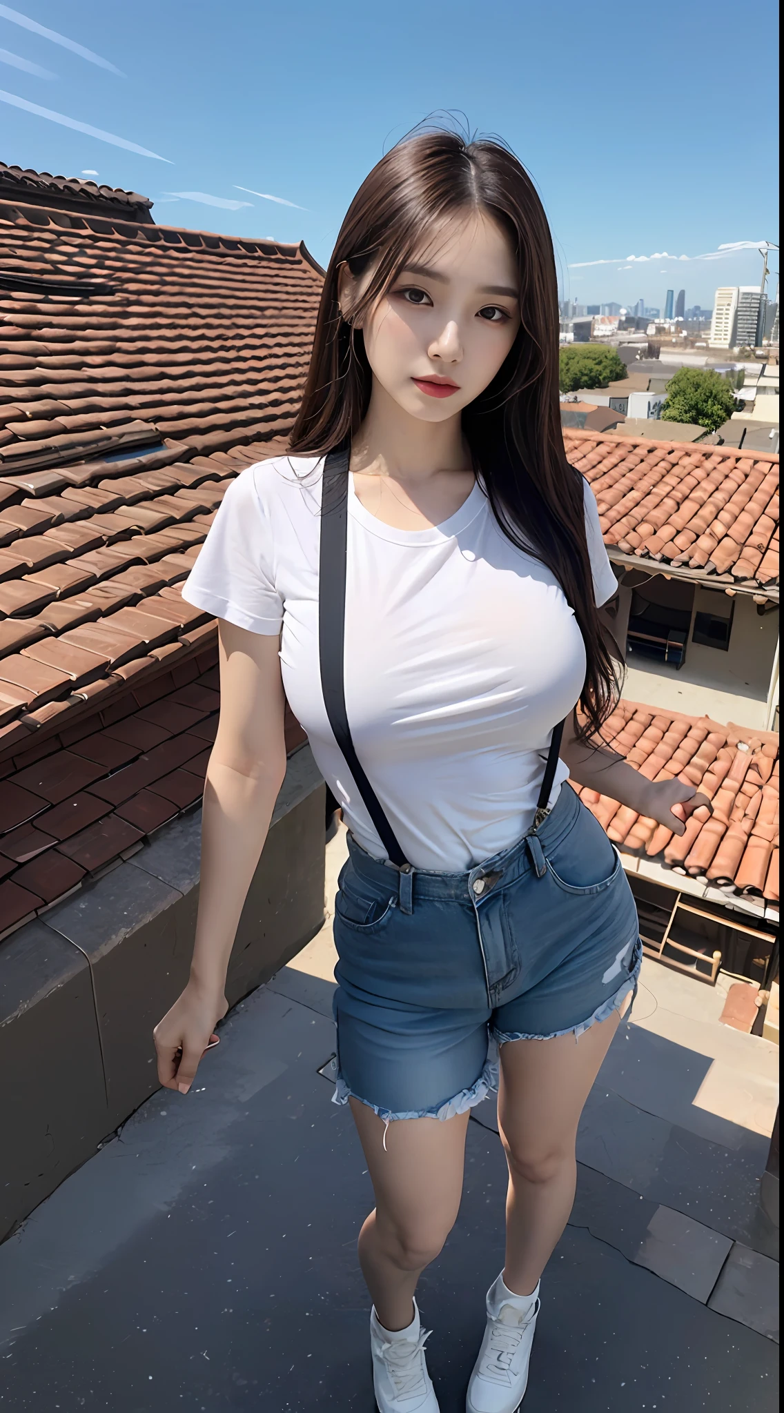 (Daytime, excellent, 8K, masutepiece:1.3)), Full body, Long legs, Focal length: 1.2, Perfect Body Beauty: 1.4, Slim abs: 1.1, ((dark brown hair, Big breasts: 1.2 )), (White Skinny T-Shirt, suspenders, Standing: 1.2), ((city, roof: 1.3)), Highly detailed face and skin texture, Detailed eyes, Double eyelids,, Long flowing hair