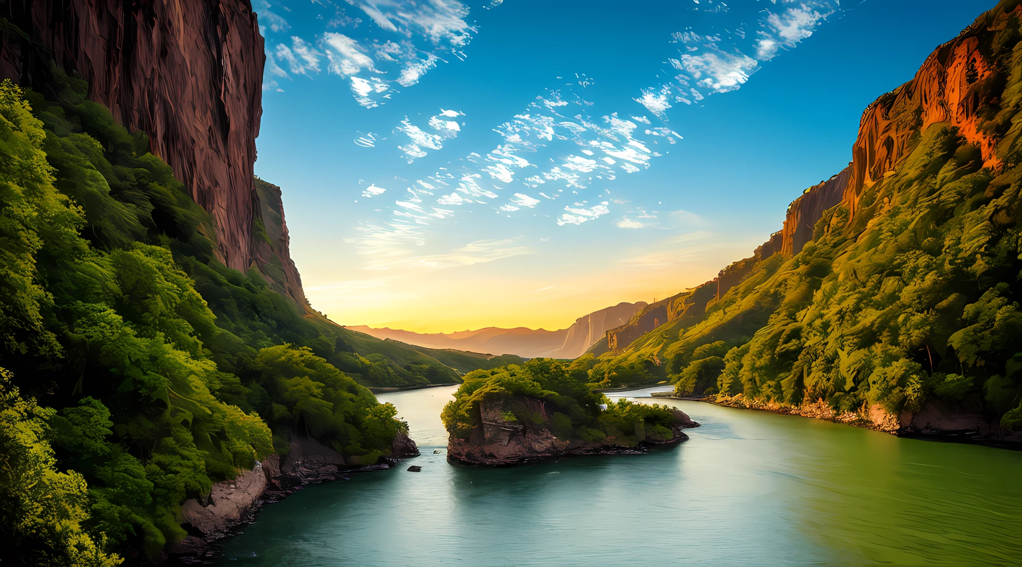 Masterpiece, ultimate quality, Cg unity 8k wallpaper, super delicate, beautiful sky and clouds, rich natural scenery, cliffs, lakes and rivers, waterfalls and flying water, beautiful green mountains, no trace of people, excellent scenery, has already won a photo contest, background Blurring, full depth of field, HDR high dynamics, true restoration, intricate, extreme details, dramatic presentation, perfectly presenting the style of midjourney art.