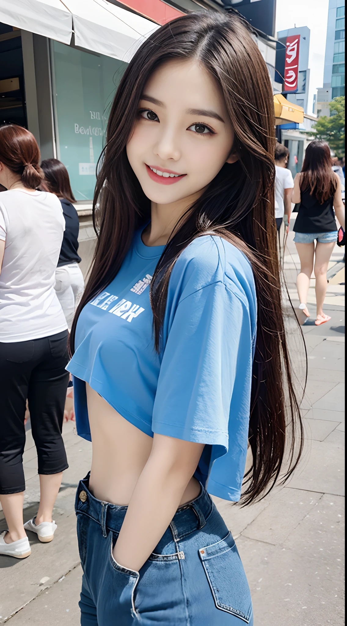 ((best qualtiy,8K,masterpiece:1.3)), 1girl in, A smile, fullllbody, Slim Faces, Beautiful woman, bobhair,Summer Casual Wear, Super Detailed Face, Detailed eyes, 二重まぶた, blur backgroun, Slim Faces, The city, exterior, the street,tshirts、