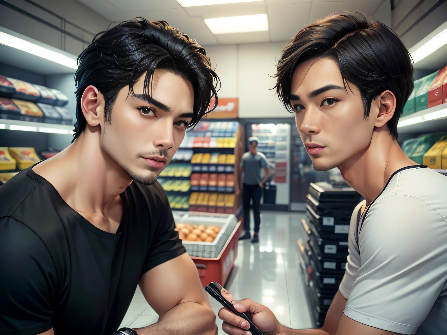 Male with 2 Asian faces,Shop for car supplies in casual wear at the auto supply supermarket,sface focus,Extreme depiction of facial detail