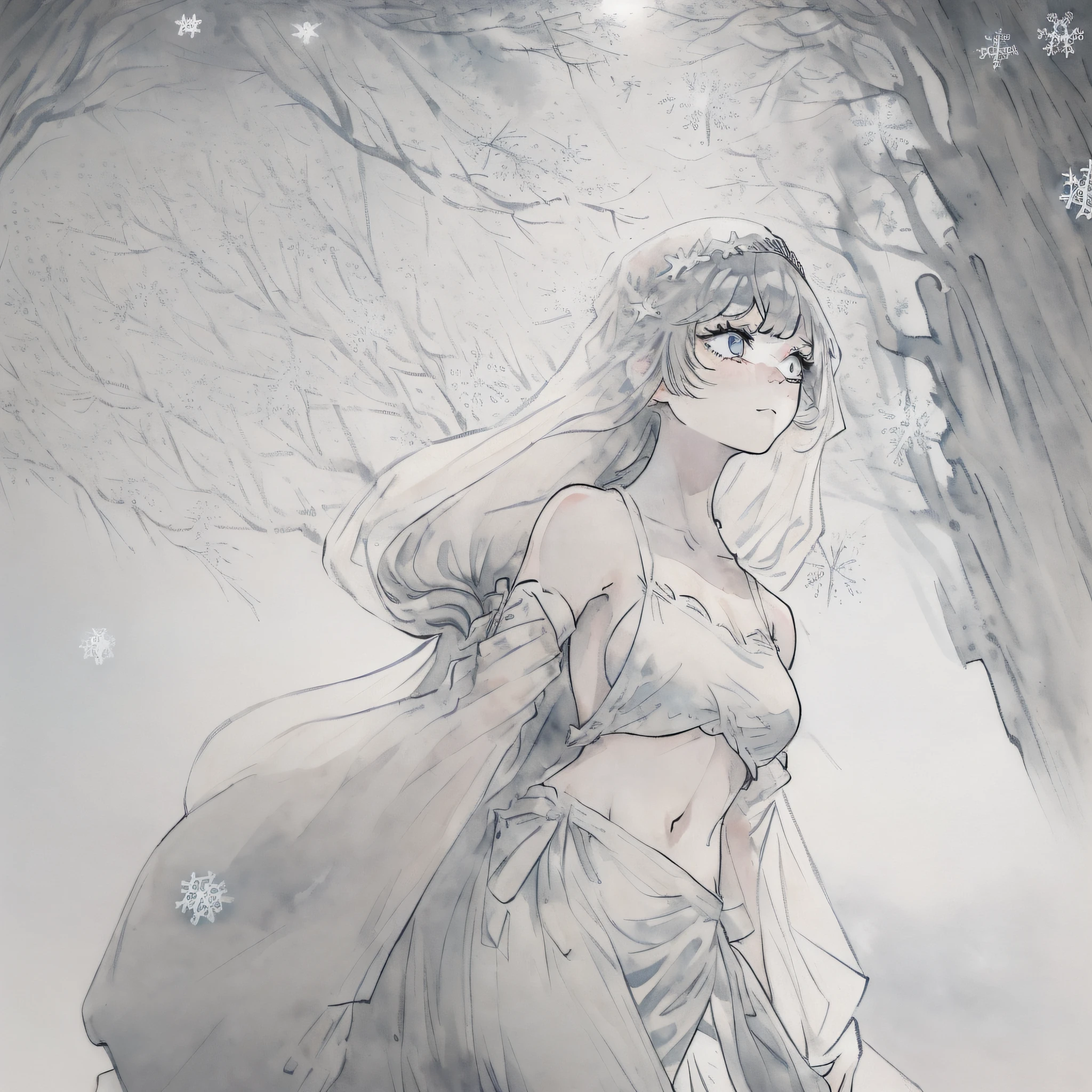 ((((ink)))，((watercolor))，world masterpiece theater, ((best quality))，depth of field,((illustration))，(1 girl)，anime face，medium_breast,floating，beautiful detailed sky，looking_at_viewers，an detailed organdie dress，very_close_to_viewers，bare_shoulder，golden_bracelet，focus_on_face，messy_long_hair，veil，upper_body，,lens_flare,light_leaks,bare shoulders，detailed_beautiful_Snow Forest_with_Trees， spirit，grey_hair，White clothes，((Snowflakes)),floating sand flow,navel,(beautiful detailed eyes), (8k_wallpaper)