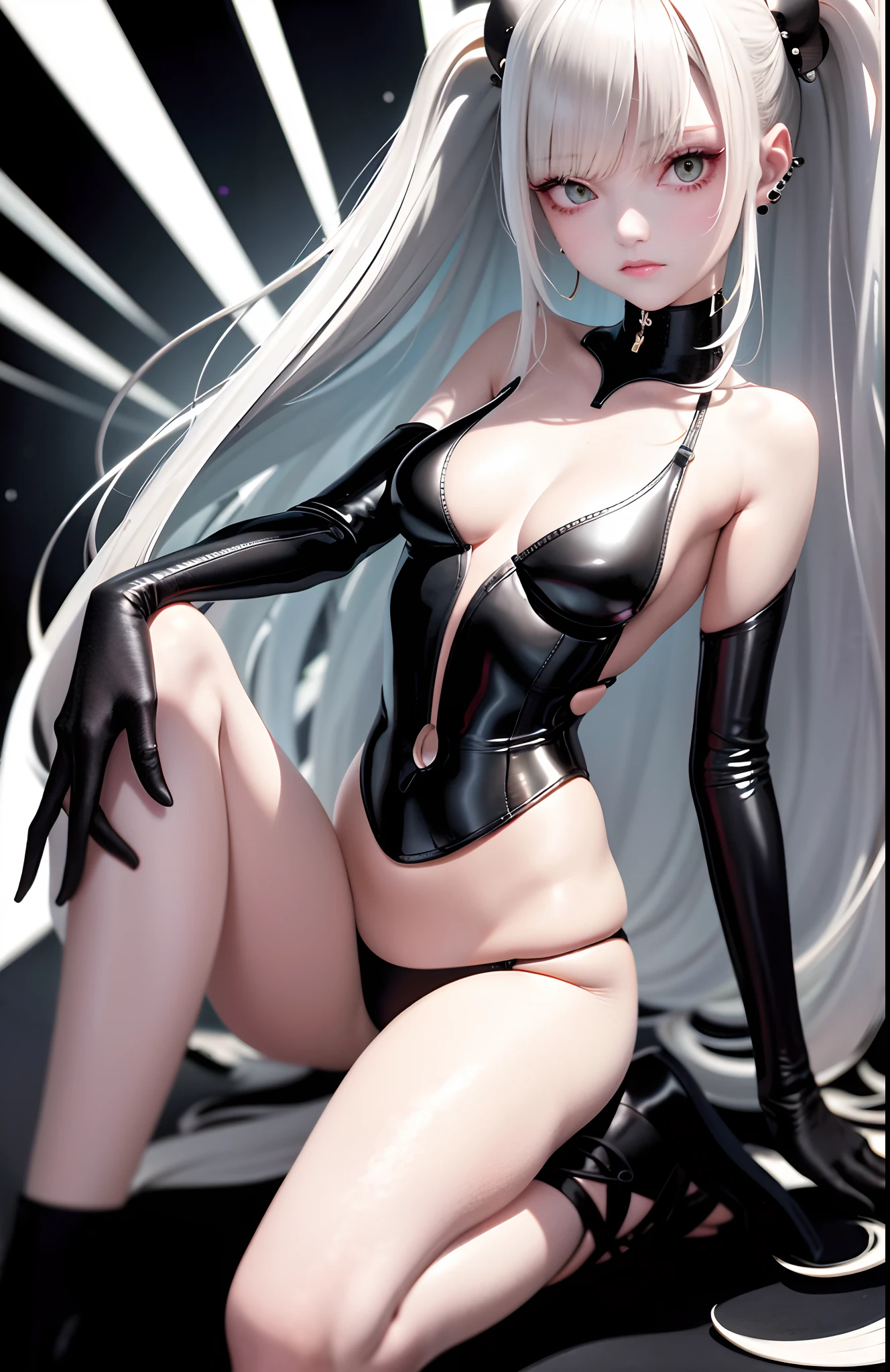 optimum,tmasterpiece,A high resolution,best qualtiy,hyper HD,super detailing,Award-Awarded,16k,独奏,(The upper part of the body),anatomy correct,Beautiful cyberpunk girl,Ex Machina,cute face,high light,Gradient Beige Hair,Hairline,((Scarlet eyes)),long eyelasher,Hanging eye corners,White skin of the,(small boobs),(Slim body),(()),((side_slit)),(Finger caps),(Black and white yin and yang stockings),ear studs,(neck rings),(Laser material clothing:1.2)