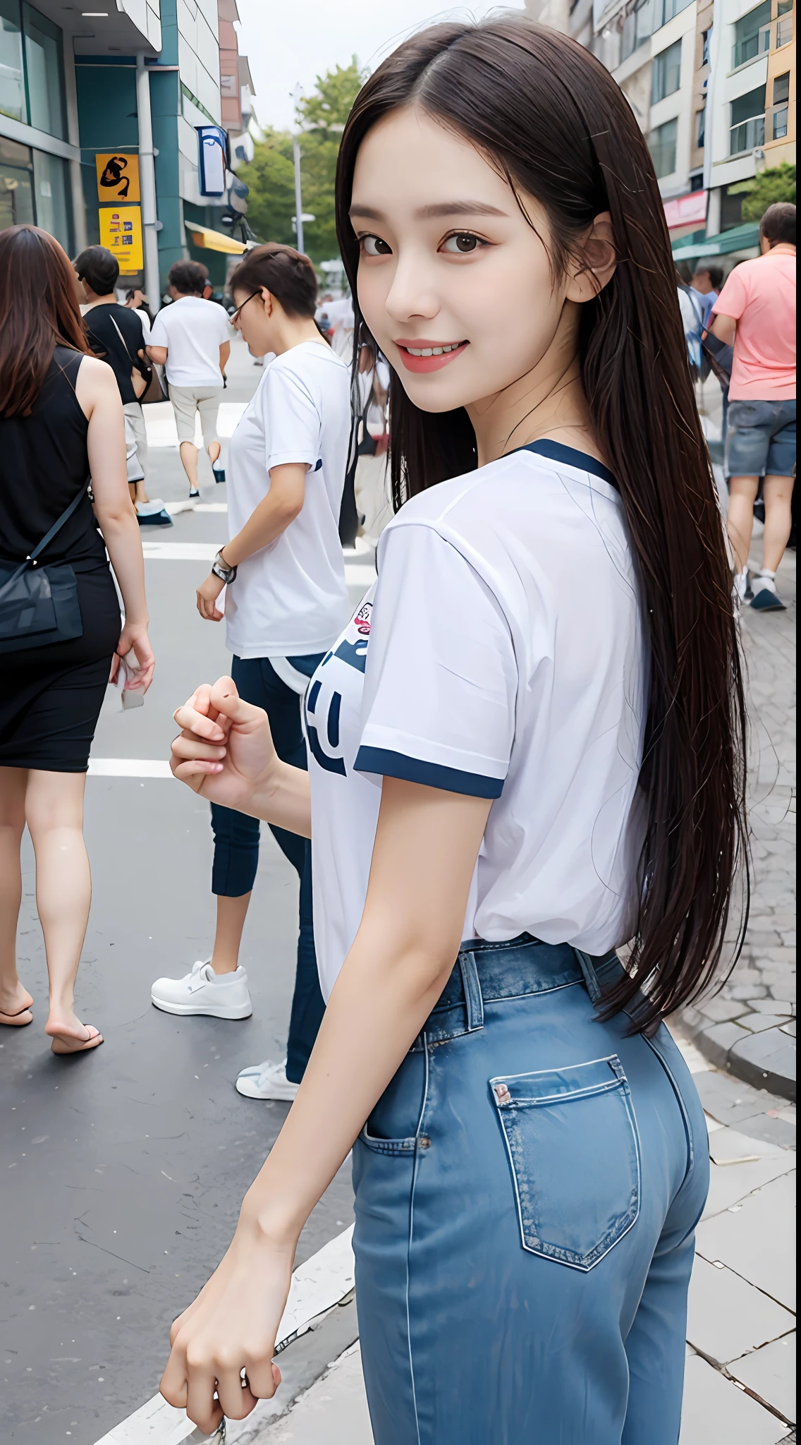 ((best qualtiy,8K,masterpiece:1.3)), 1girl in, A smile, fullllbody, Slim Faces, Beautiful woman, bobhair,Summer Casual Wear, Super Detailed Face, Detailed eyes, 二重まぶた, blur backgroun, Slim Faces, The city, exterior, the street,tshirts、
